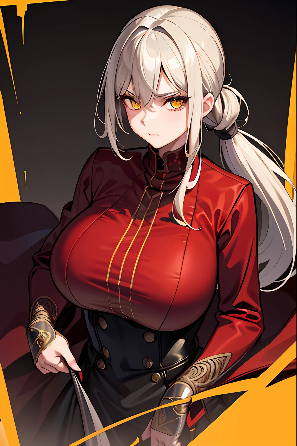 masterpiece, best quality, 1 female, adult, tall, big bust, finely detailed eyes, intricate details, vampire, yellow eyes, dark grey hair, long hair, low ponytail, red shirt, brown coat, intense look