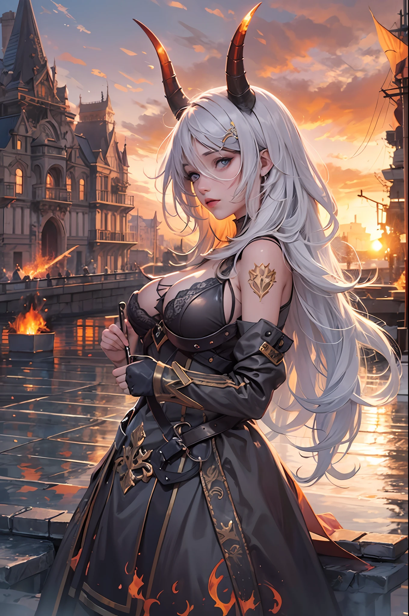 fire, explosion, 1girl, white hair, sunset, burning, castle, breasts, flame, molten_rock, evening, breathing_fire, building, city, blue_eyes, embers, campfire, orange_sky, cleavage, large_breasts, solo, cityscape, ship, torch, twilight, lips, mountain, sunrise, fireplace, upper_body, horns, dusk, cloud, looking_at_viewer, watercraft, outdoors, city_lights, sky, town,(Natural skin texture,ultra-realistic realism,the soft light,Sharp),masterpiece, best quality, ultra-detailed, best shadow