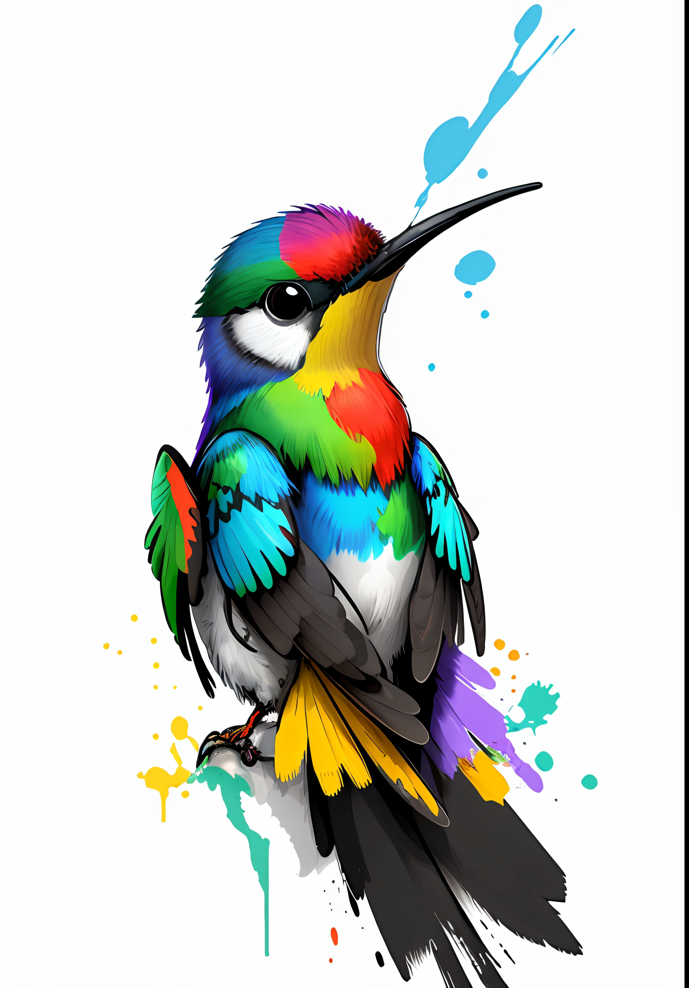 T-shirt vector art ready to print colorful graffiti illustration of a colorful hummingbird with splashes of color, painting oil painting, colores intensos, Action shooting, alto detalle, fondo blanco, Araffe sentado en una rama con un fondo blanco, colorful bird with a long, Hummingbird, bee hummingbird,