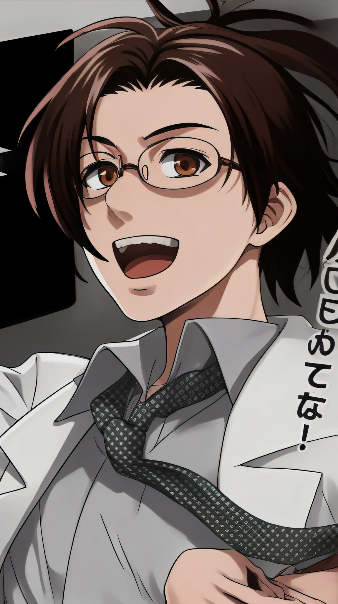 Anime character with glasses and tie holding a book, kentaro miura manga style, kentaro miura manga art style, Hange Zoe, inspirado em Ryuzaburo Umehara, Hange Zoe, manga style of kentaro miura, Shinichi Sakamoto, Retrato de Hange Zoe, Ando Tadao, Makoto Shinkai