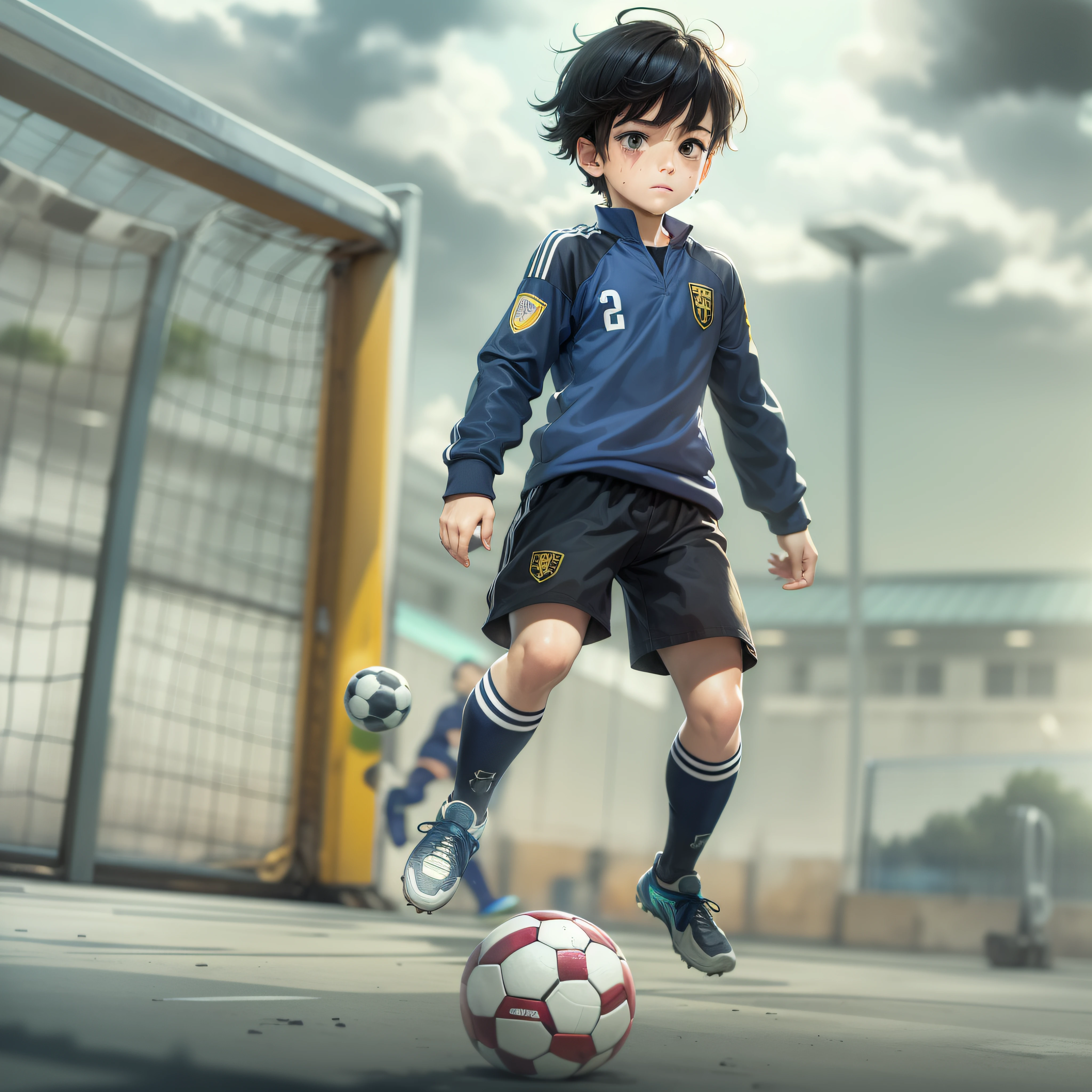 (​master piece, High quality, 8K) ，Japanese manga style，((Cartoony))，(full bodyesbian)，((A young boy with))， old，with short black hair，((play soccer))，((Shooting action))，full body1.2，Sprint actions，Sports short sleeves，sweat shorts，soccer cleats，high detal，Rich in detail，SuperiorQuality, best qualityer