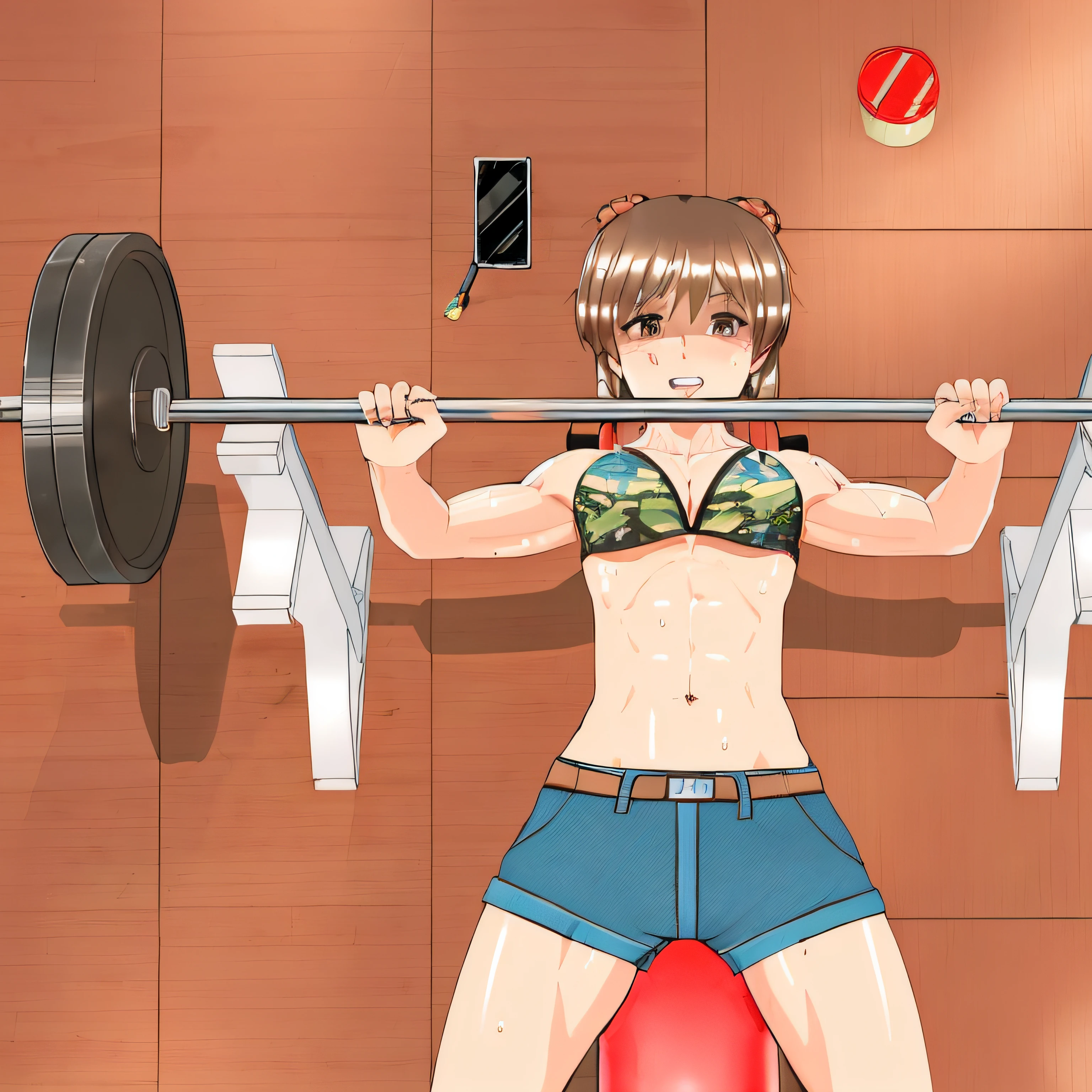 There is a woman holding a barbell in her hand, Chun Li in the gym, muscular girl, Working out, (gritting her teeth), in a gym, weightlifting, strong chest, muscular!!!, Background A gym, Beautiful anime girl squatting, Fit girl, loli, strong woman, Asuka outfit under clothes!!!, Cottagecore!!!! Fitness body, abs, (six pack:1.6), brown eyes, ((sweat)), nose