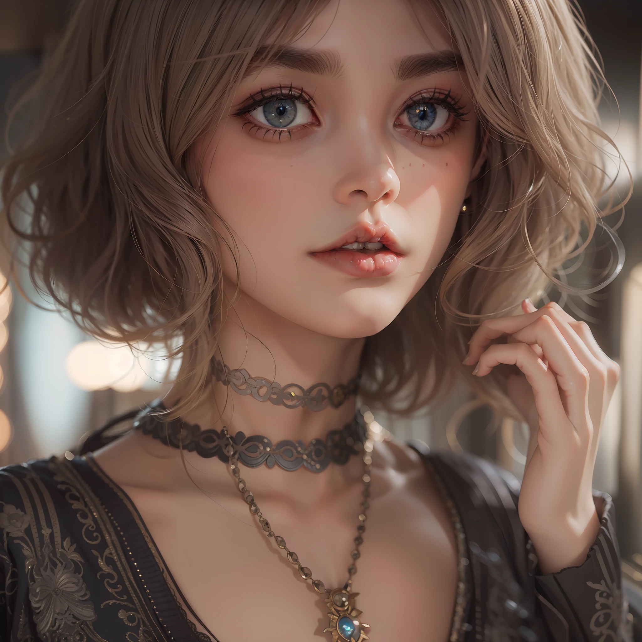 Beautiful and moving eyes,Elaborate Eyes,8k,Beutiful women,30 age old,portraitures,The upper part of the body,cinematic colorgrade,short detailed hair,brunette color hair,floated hair,deep shading,Deep eyes,耳Nipple Ring,Redlip