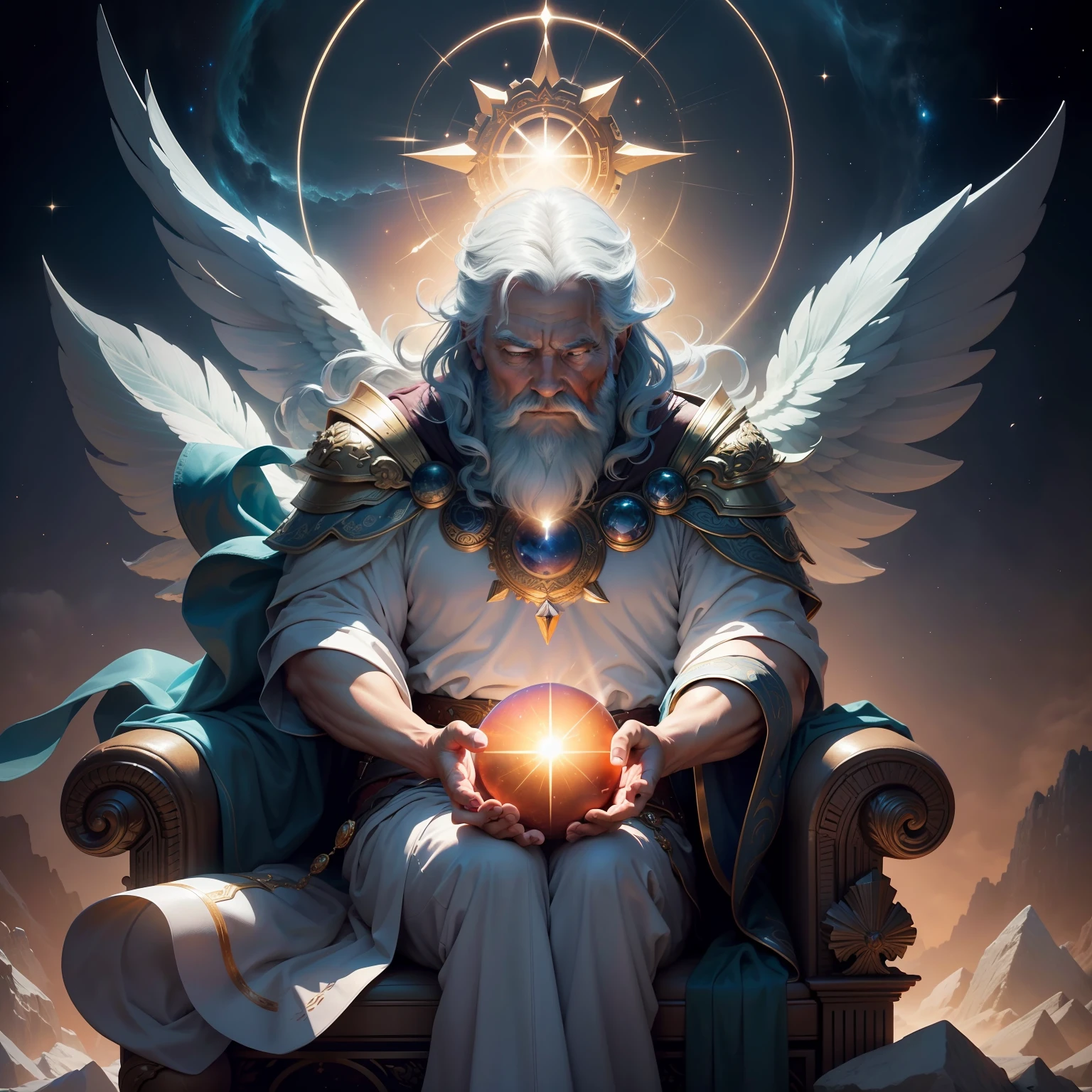 super high resolution, best quality, photo, 16k, (photorealistic: 1.2), cinematic lighting, An old man in the shape of a mythical god. Depict the god holding the sun and moon, enveloped by a radiant aura. Seat them on a magnificent throne within a cosmic backdrop, in bright white cloaks floating on the crystal throne, floating on crystal clouds, surrounded by the splendors of the universe. Pay meticulous attention to stunning details and achieve a resolution of 64K for an immersive and realistic visual experience. Let your work capture the essence of myth and wonder, leaving viewers in awe of its beauty and power.