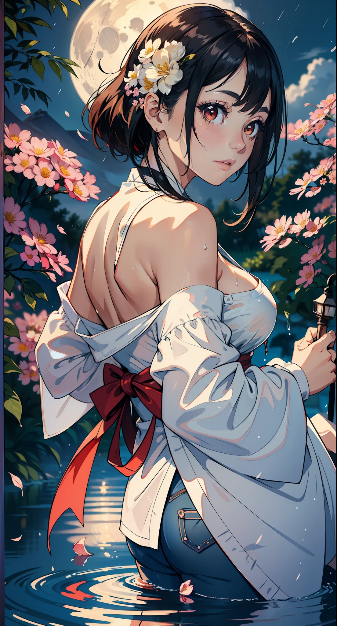 1girl, breasts, moon, lantern, night, solo, large breasts, hair ornament, wet, kimono, japanese clothes, wading, water, hair flower, flower, outdoors, sky, full moon, rain, black hair, off shoulder, mountain, cloud, holding, sash, bare shoulders, paper lantern, standing, white kimono, night sky, sideboob, obi, wet clothes, bangs, tree, from side, reflection, short hair, cloudy sky, wet hair   (masterpiece),(extremely detailed cg unity 8k wallpaper),best quality,,solo,1girl,cinematic lighting,detailed background,beautiful detailed eyes,bright pupils, (an extremely delicate and beautiful),(beautiful and detailed eye description)， ultra-detailed,masterpiece,  , , (beautiful and clear background:1.2) (masterpiece:1.2, best quality), (finely detailed beautiful eyes: 1.2), ((1girl )), ((solo)), (red eyes:1.4), (finely detailed eyes and detailed face:1.3),), (with jeans and a white t-shirt or dress:1.3), (beautiful and clear background:1.2), (extremely detailed cg, ultra-detailed, best shadow:1.1), ((depth of field)), ((watercolor)), large breasts, bare shoulders, flowers and petals, beautiful concept illustration , (white background:0.5), (illustration :1.1), (extremely fine and beautiful:1.1), (perfect details:1.1), high quality, highres, detail enhancement, 8k, hd