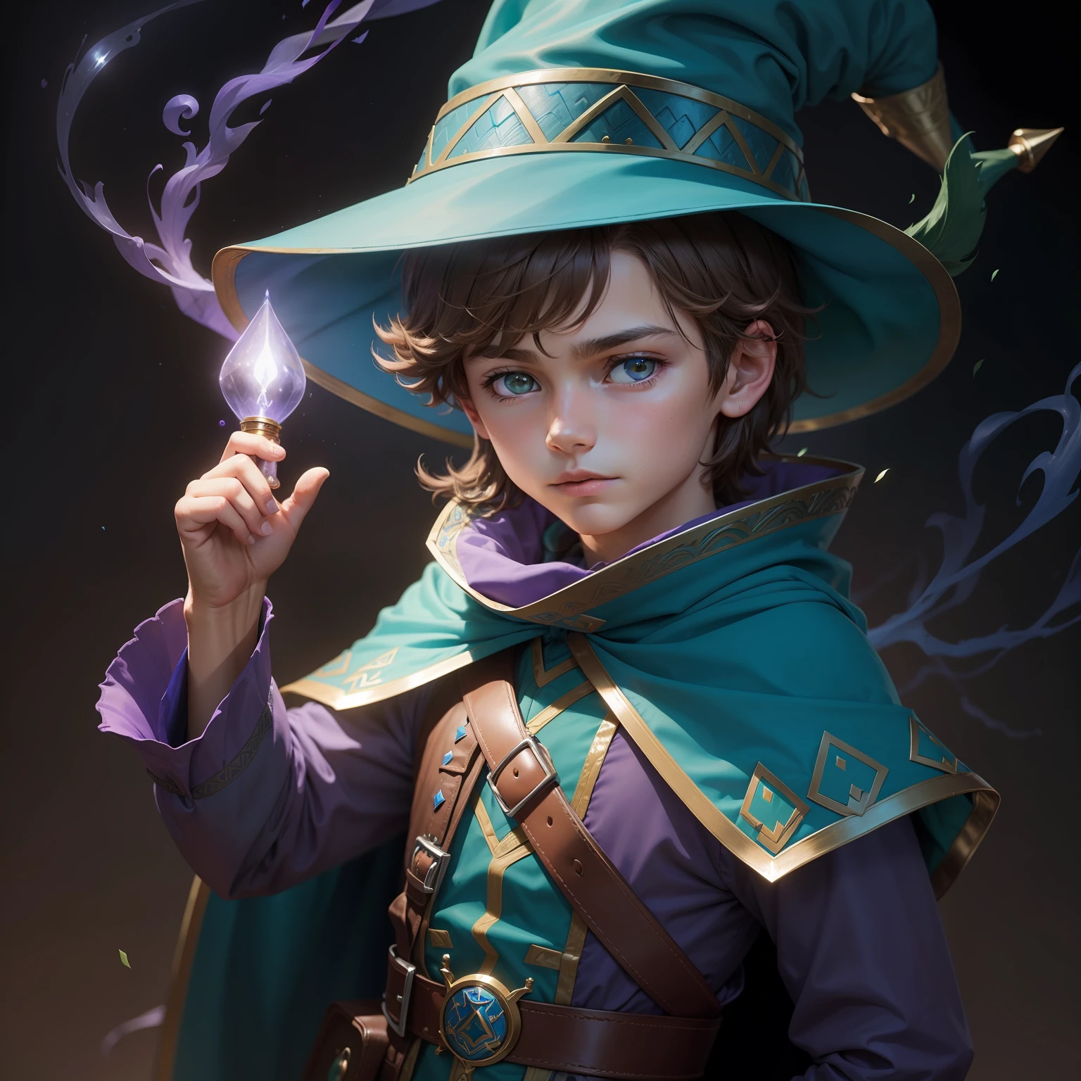 An 11-year-old boy with light brown hair wearing a blue wizard outfit with green details and a purple witch hat, Foto do perfil, olhando para o espectador