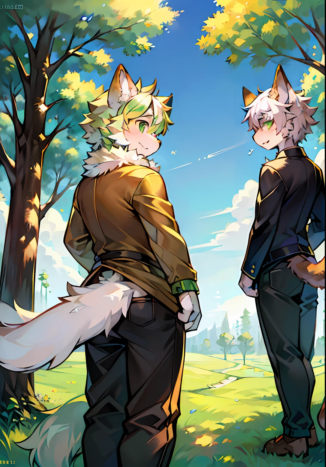 Masterpiece,High quality,abstract res,Digital painting\(artwork of a\), author:BrukkiGunar, Yupa,Kiyosan,(anthro,Fluffy fur,Character focus:1.1),anthro male cat,Portrait , eyes with brightness, in a panoramic view, Character focus.(detailedbackground:0.7), 独奏, shaggy, shaggy male, ,malefocus, Robust,Strong anthrax(Full Body Furry, It has a fluffy tail,With a green pattern, White fur, Dark green eyes), (Long felines、moth、White feathers、Dark green ears、Beige tail、Light green smoky pattern、Beige hair、seminude、Manteau:1.2),(External、In the daytime、Dense grass、Low tree、clear skies、grassy fields)