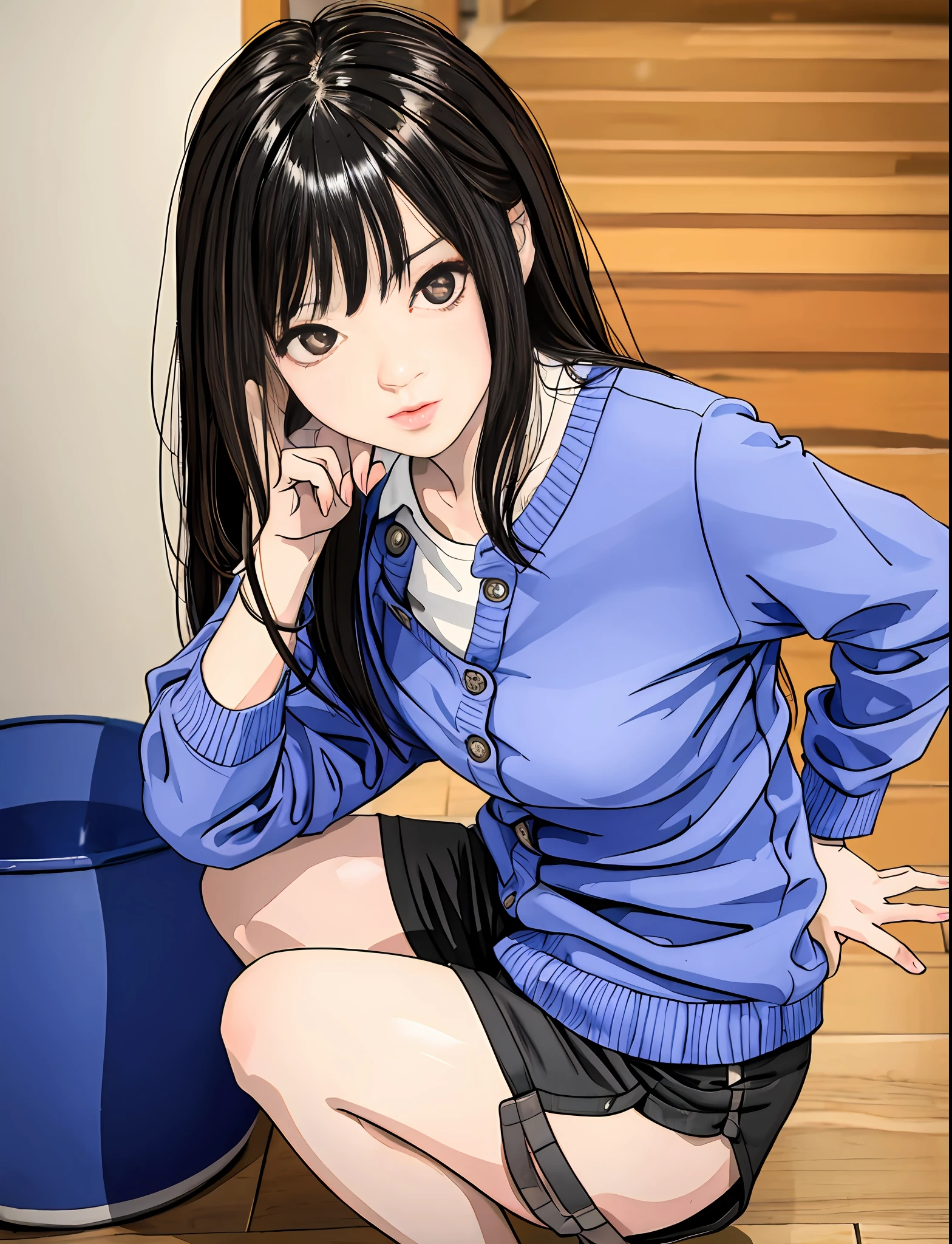 Best Quality, masutepiece,  Narrow-eyed, Medium shot portrait of asian woman in cardigan and shorts, frontage, Asian Squat, Low camera angle
