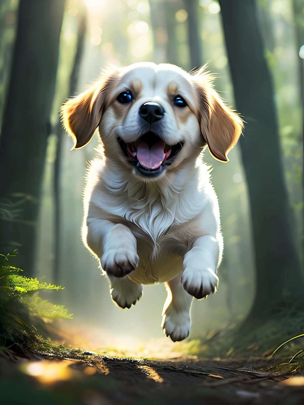 Close-up of a very cute jumping puppy in the forest, soft volumetric light, (backlight: 1.3), (movie: 1.2), intricate details, (ArtStation: 1.3), Rutkowski