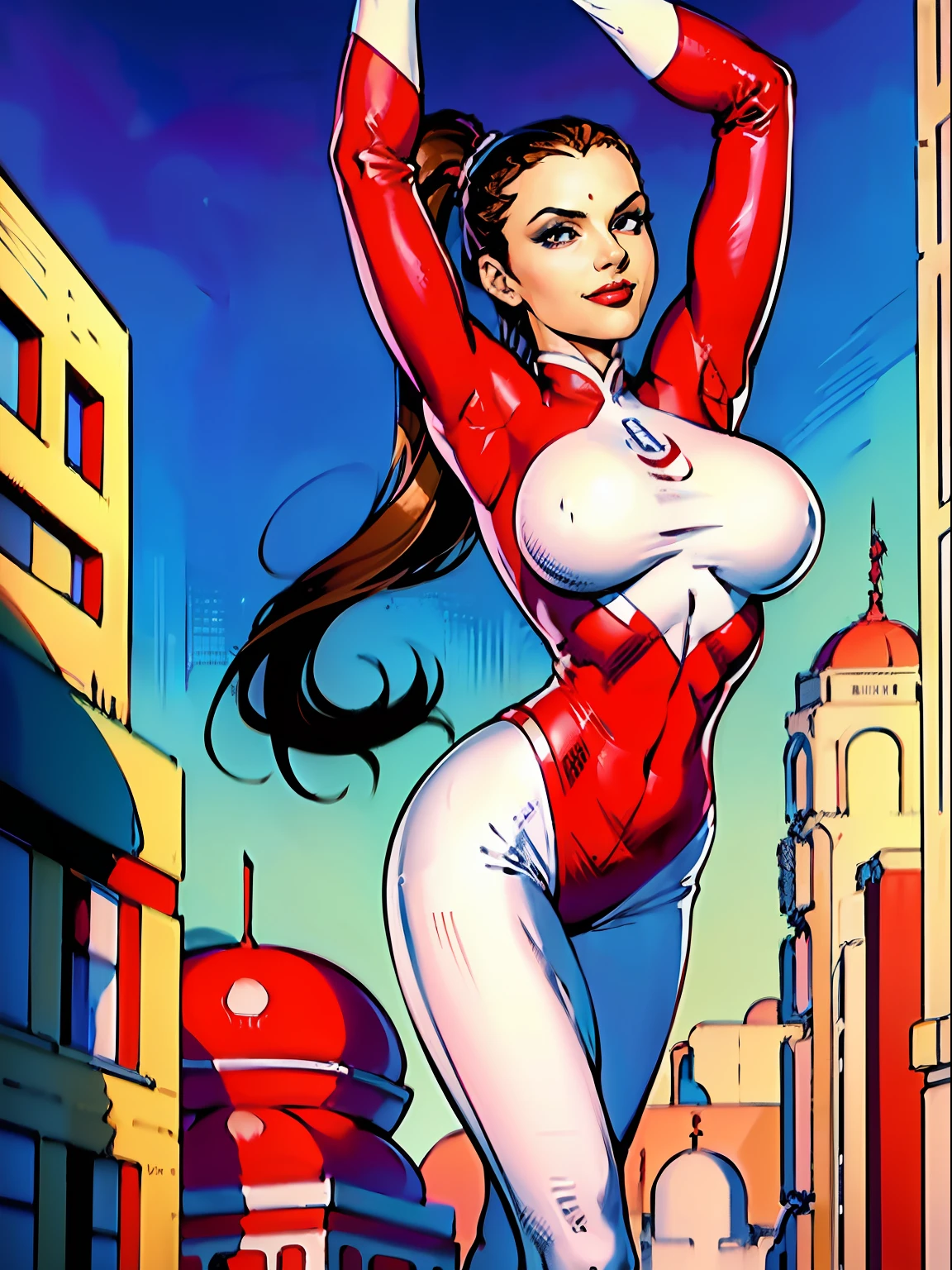 1girl, Stretcher the busty brunette comic book woman, (((surreal, surrealism, long arms, stretching arms))), masterpiece, beautiful, high quality, high definition, superb quality, highly detailed, insane detail, sexy pose, posing for cameras, hands on hips, happy, smiling, jogging, bouncing breasts, long hair, huge ponytail, slim, thin, athletic, womanly, rubbery, elastic woman, (white and red spandex, white and red legs, tight top), rubber body, brunette, ((huge breasts, slim waist)), city, heroic, cheerful, (bold nose, hawkish facial features),