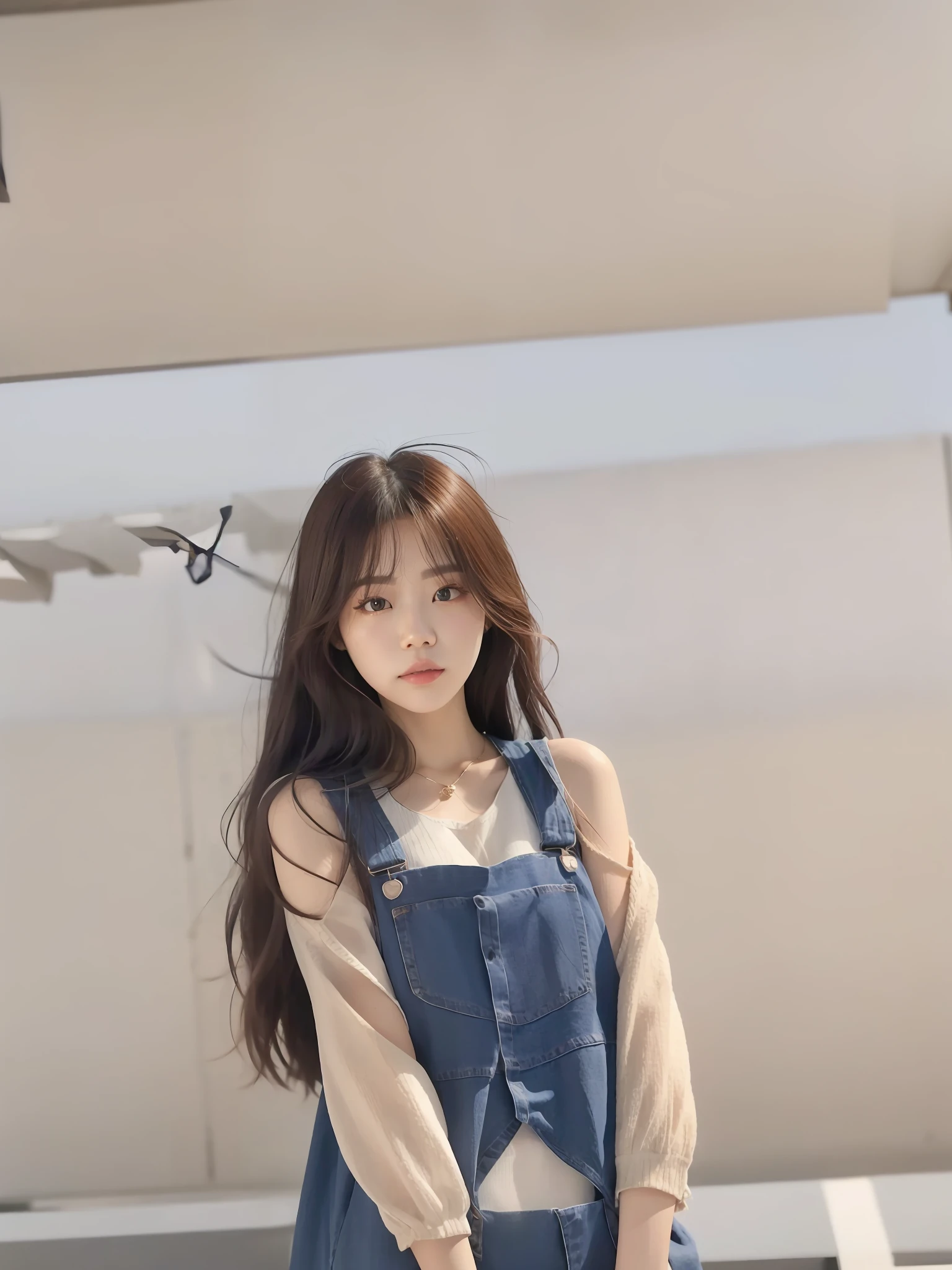 arafed woman in a denim dress posing for a picture, Shin Jinying, Gorgeous young Korean woman, cute girl wearing tank suit, jaeyeon nam, Choi Hyun-hwa, With long hair, Lee Ji-eun, lee ji eun, ulzzangs, Wearing overalls, hot with shining sun, tzuyu from twice, Casual pose