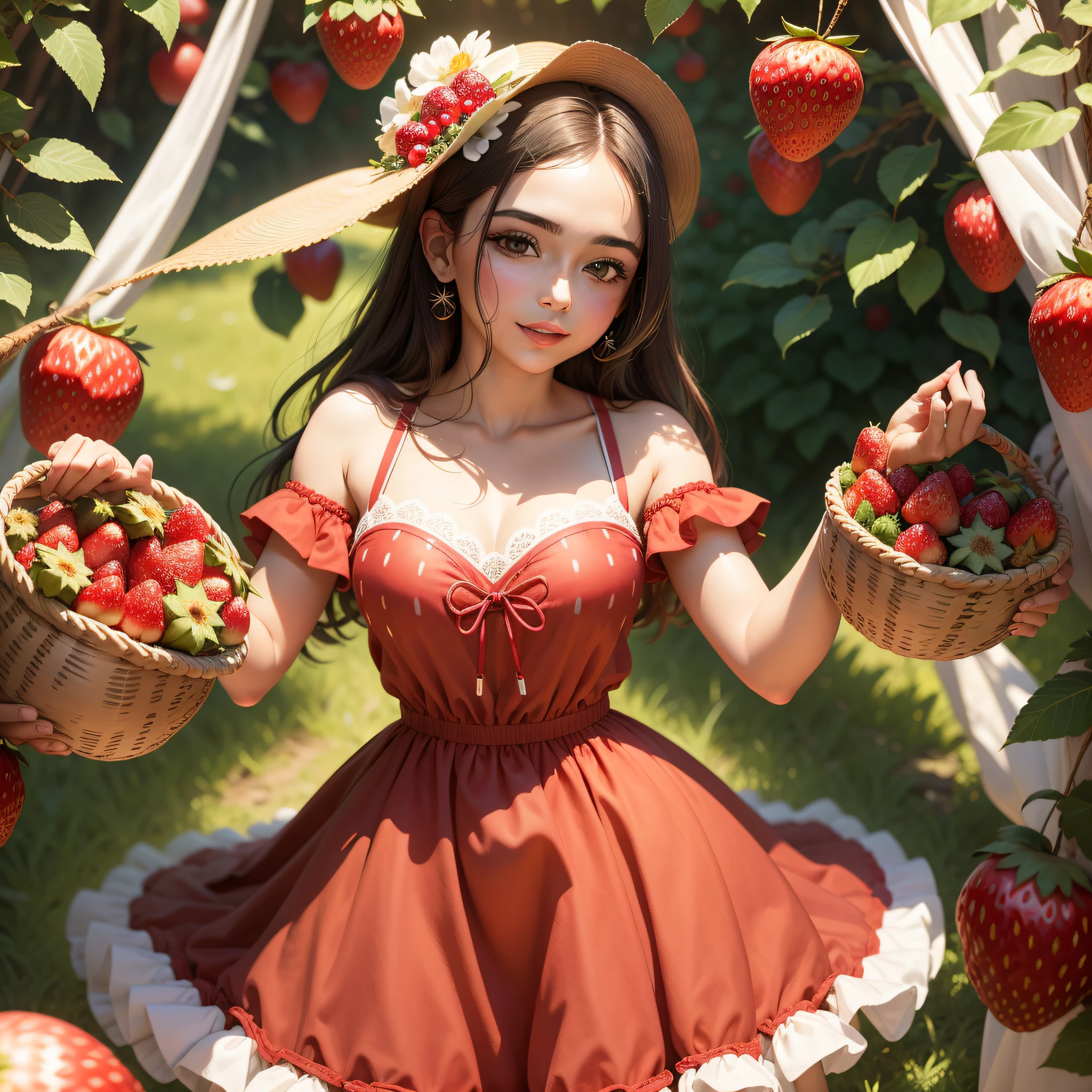 Junte-se a uma mulher alegre comemorando em meio a campos de morango, vestida com roupas alegres com tema de morango. With ripe strawberry baskets and festive decorations, This feast captures the essence of fruity joy.