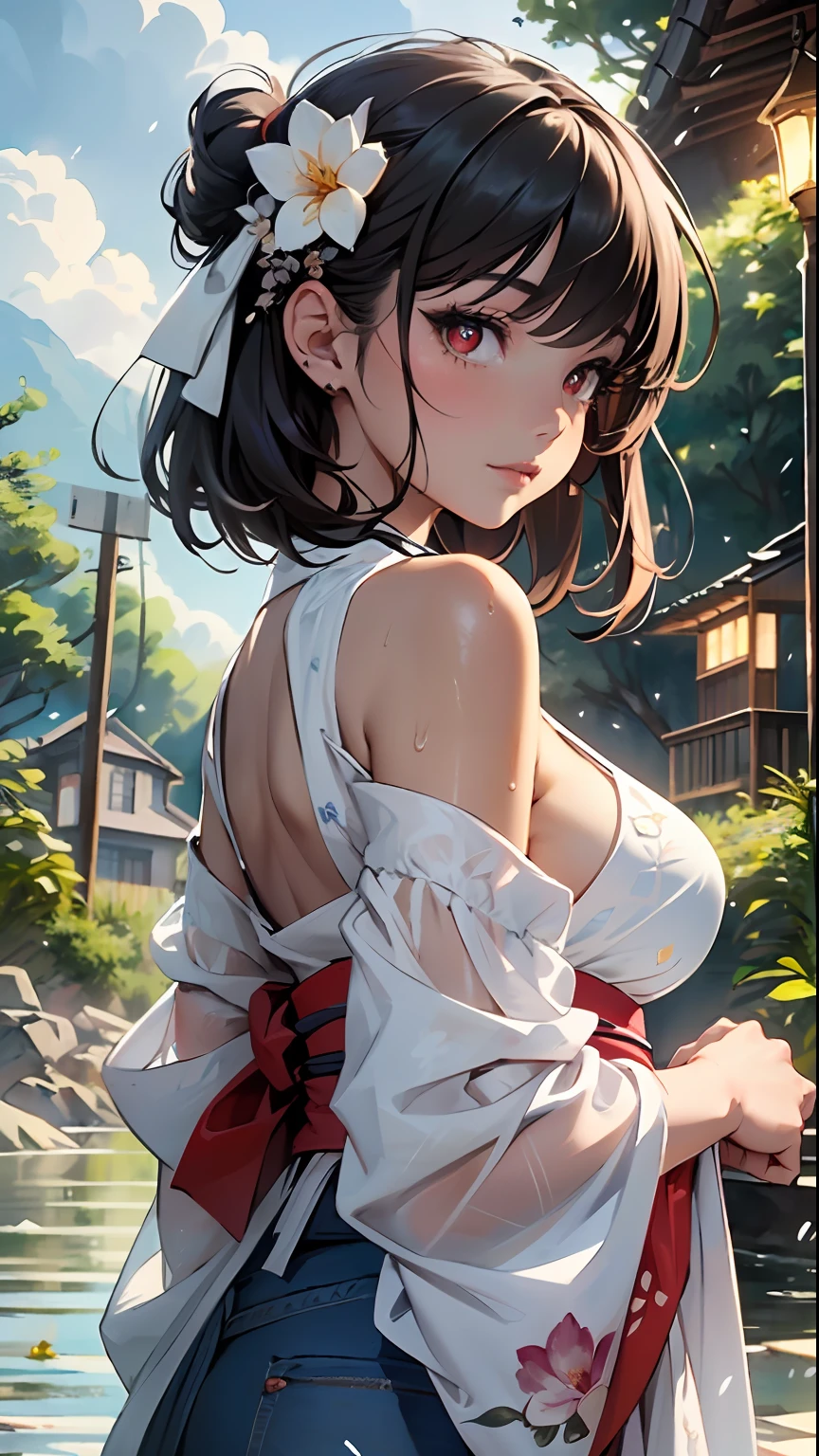1girl, breasts, moon, lantern, night, solo, large breasts, hair ornament, wet, kimono, japanese clothes, wading, water, hair flower, flower, outdoors, sky, full moon, rain, black hair, off shoulder, mountain, cloud, holding, sash, bare shoulders, paper lantern, standing, white kimono, night sky, sideboob, obi, wet clothes, bangs, tree, from side, reflection, short hair, cloudy sky, wet hair (masterpiece),(extremely detailed cg unity 8k wallpaper),best quality,,solo,1girl,cinematic lighting,detailed background,beautiful detailed eyes,bright pupils, (an extremely delicate and beautiful),(beautiful and detailed eye description), ultra-detailed,masterpiece, , , (beautiful and clear background:1.2) (masterpiece:1.2, best quality), (finely detailed beautiful eyes: 1.2), ((1girl )), ((solo)), (red eyes:1.4), (finely detailed eyes and detailed face:1.3),), (with jeans and a white t-shirt or dress:1.3), (beautiful and clear background:1.2), (extremely detailed cg, ultra-detailed, best shadow:1.1), ((depth of field)), ((watercolor)), large breasts, bare shoulders, flowers and petals, beautiful concept illustration , (white background:0.5), (illustration :1.1), (extremely fine and beautiful:1.1), (perfect details:1.1), high quality, highres, detail enhancement, 8k, hd