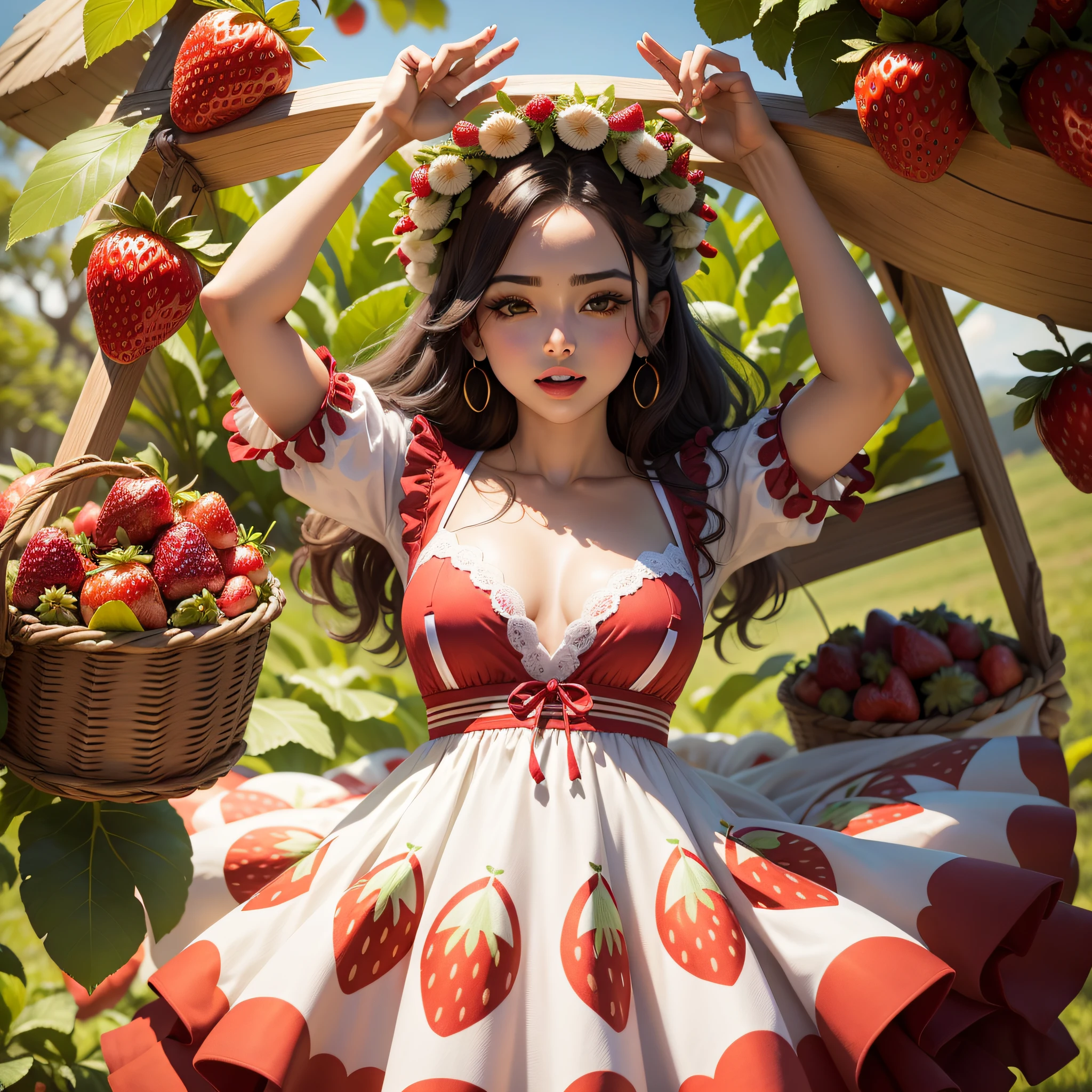 Junte-se a uma mulher alegre comemorando em meio a campos de morango, vestida com roupas alegres com tema de morango. With ripe strawberry baskets and festive decorations, This feast captures the essence of fruity joy.