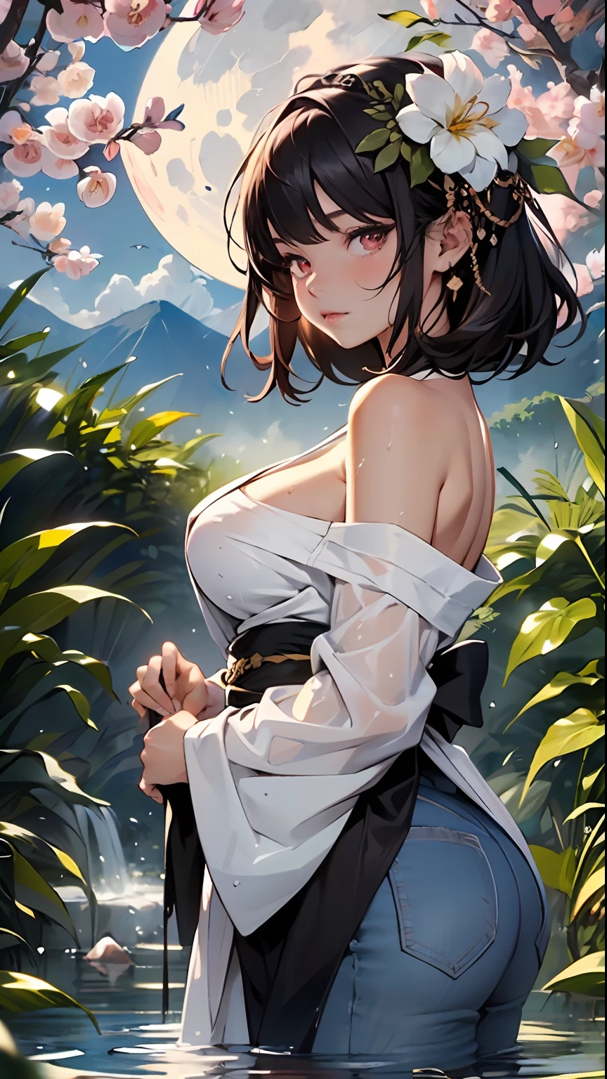 1girl, , moon, lantern, night, solo, large breastsornament, wet, kimono, japanese clothes, wading, water, hair flower, flower, outdoors, sky, full moon, rain, black hair, off shoulder, mountain, cloud, holding, sash, bare shoulders, paper lantern, standing, white kimono, night sky, sideboob, obi, wet clothes, bangs, tree, from side, reflection, short hair, cloudy sky, wet hair (masterpiece),(extremely detailed cg unity 8k wallpaper),best quality,,solo,1girl,cinematic lighting,detailed background,beautiful detailed eyes,bright pupils, (an extremely delicate and beautiful),(beautiful and detailed eye description), ultra-detailed,masterpiece, , , (beautiful and clear background:1.2) (masterpiece:1.2, best quality), (finely detailed beautiful eyes: 1.2), ((1girl )), ((solo)), (red eyes:1.4), (finely detailed eyes and detailed face:1.3),), (with jeans and a white t-shirt or dress:1.3), (beautiful and clear background:1.2), (extremely detailed cg, ultra-detailed, best shadow:1.1), ((depth of field)), ((watercolor)), large breasts, bare rs, flowers and petals, beautiful concept illustration , (white background:0.5), (illustration :1.1), (extremely fine and beautiful:1.1), (perfect details:1.1), high quality, highres, detail enhancement, 8k, hd