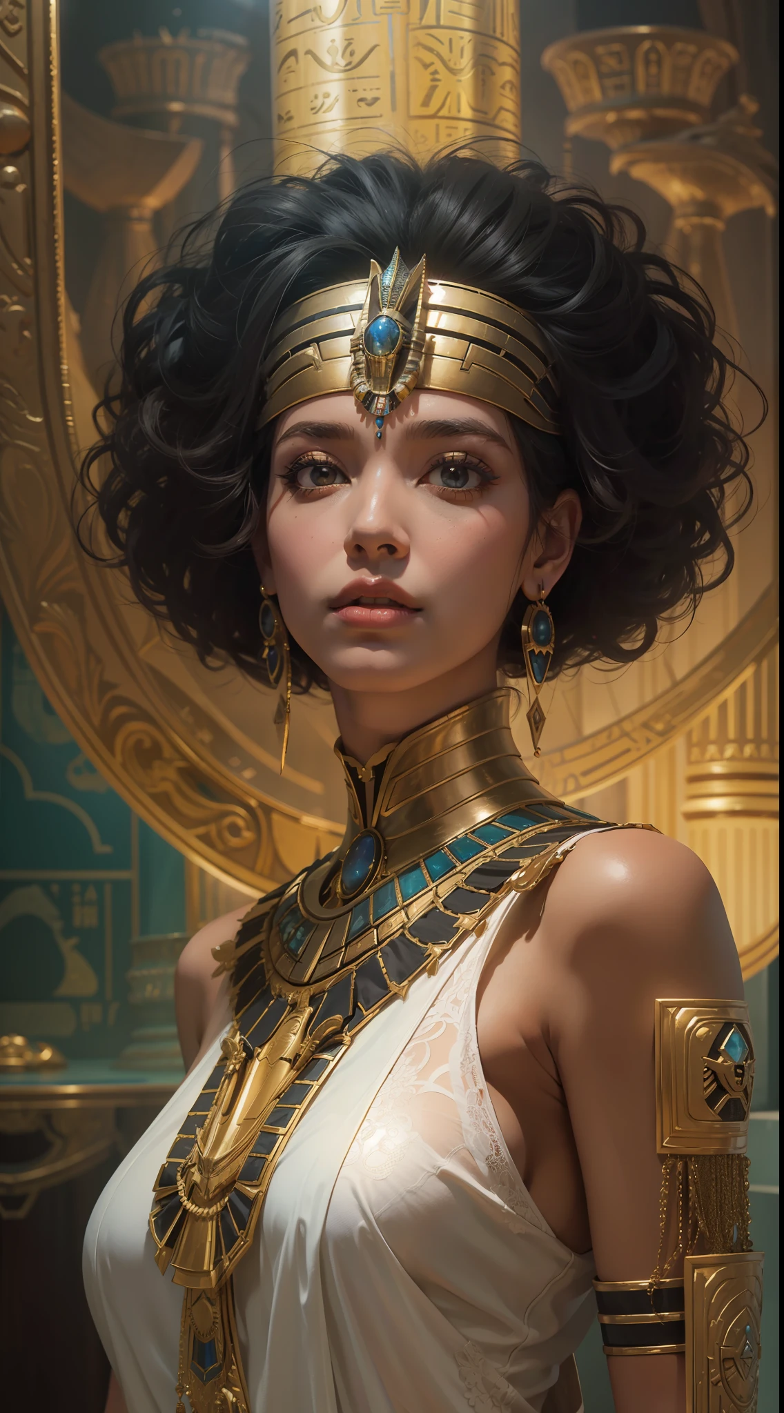 1girll，mature，A queen，royal makeup，futuristic Egypt，Osiris Armor solo， Dark space， Dim light Soft colors，Realistic Realistic （photography of：Drew Struzan） （tmasterpiece，best qualtiy：1.3），8k