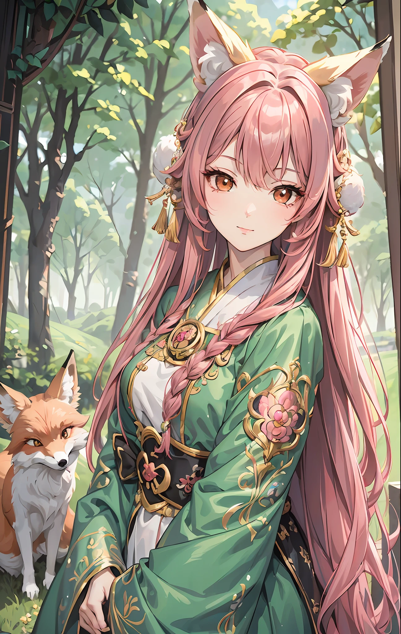 (Masterpiece:1.2, Best quality), (Very detailed face, Intricate details),Casual,，one-girl，Pink hair，a fox，Girl with fox ears，Cyan clothes，Raised sexy，depth of fields，film effect，llight rays