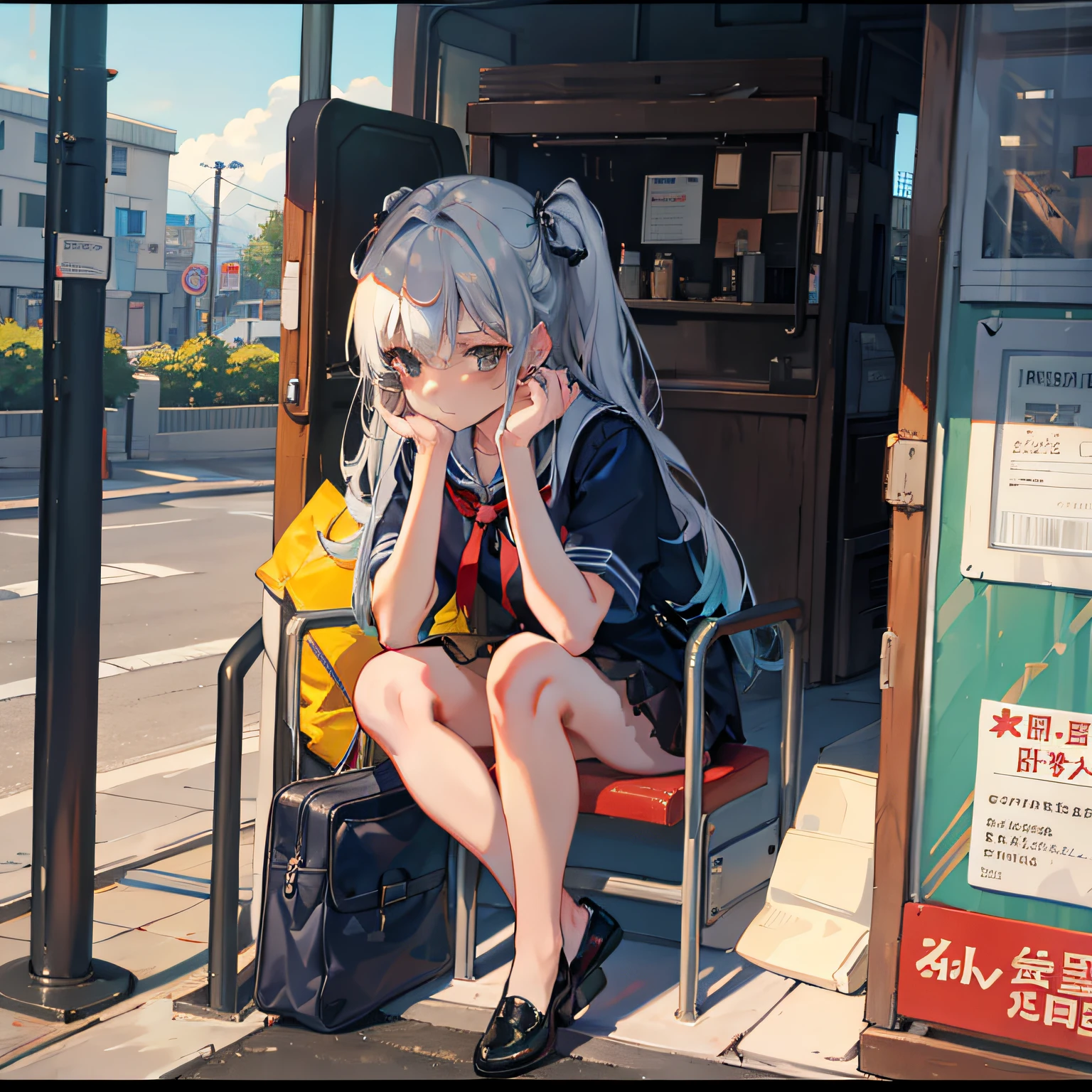 Bus stop，a pregirl，sitted，The hair is blown up，frontage，Hands on the stool