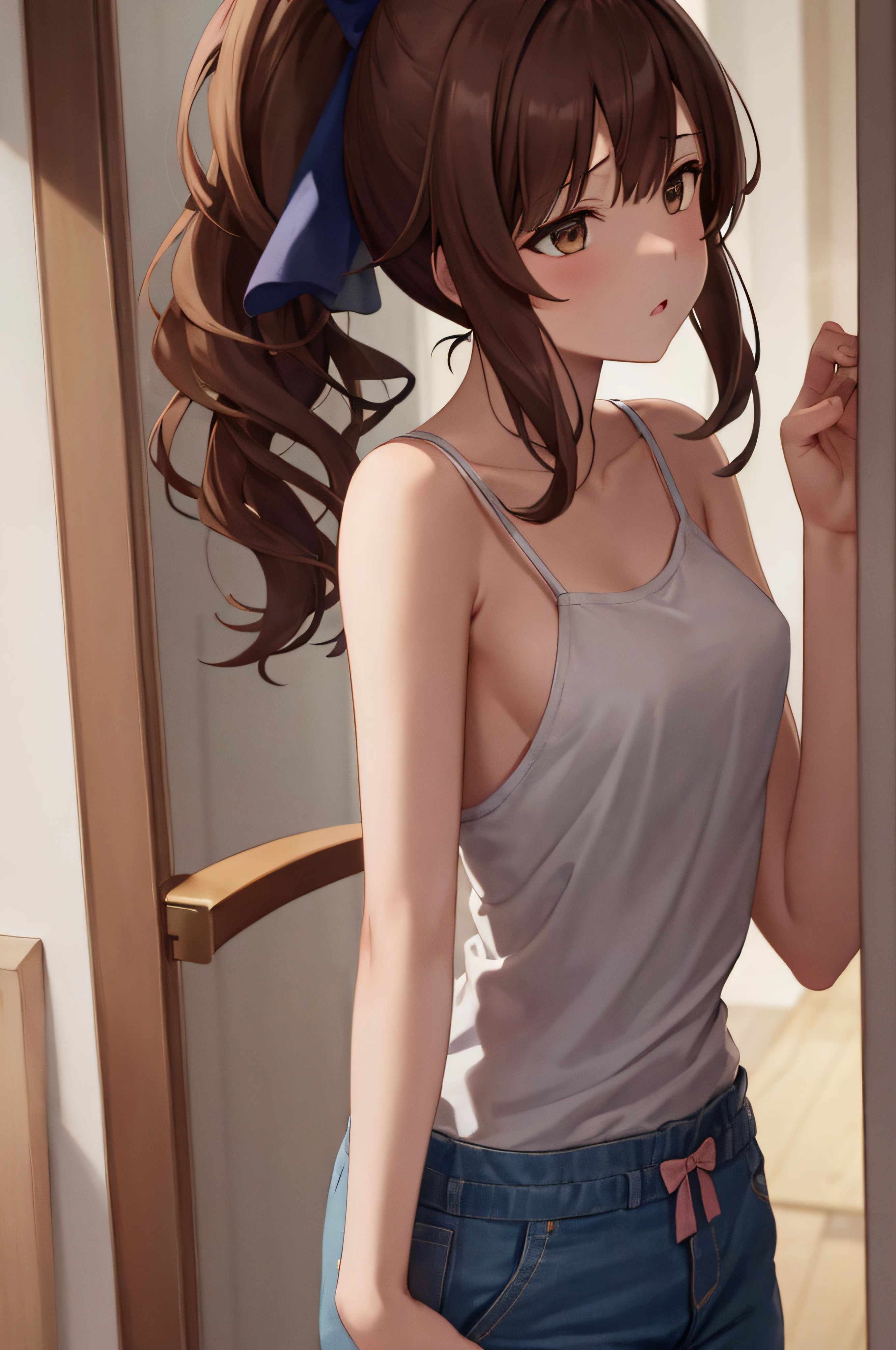 masterpiece, hightquality, top-quality, hight resolution, 4K, high-detail, beautiful lighting,extra detailed face, well-drawn hands, well-drawn legs,well-drawn feet,well-drawn eyes,1girl in, brown haired, Brown-eyed,Hair Bow,(((the bow))))、length hair、Low ponytail、Hair on the shoulders、Troubled face、Horse tail coming out of the ass、Uma Musume、(Admire Vega)、Horse ears、tail, Hi-Res, Open the upper body door and peek,(Open the upper body door and peek)、camisole、s Pajamas、Open the door、Grasp the door handle、camisole、s Pajamas、Hands on the chest、hiding breast