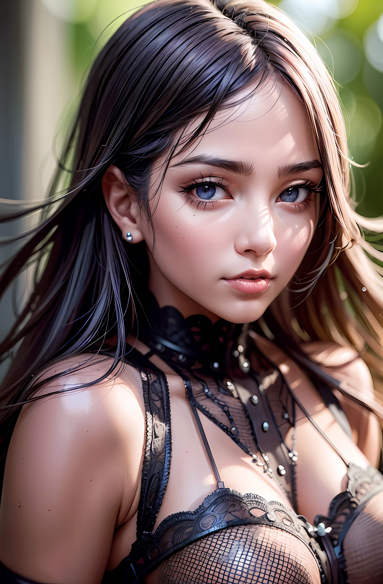 araffed woman bare breasted and fishnets posing for a picture, stunning anime face portrait, soft portrait shot 8 k, with long hair and piercing eyes, girl cute-fine-face, wlop and ross tran, extremely beautiful face, 8k artgerm bokeh, photorealistic anime girl render, akihiko yoshida. unreal engine