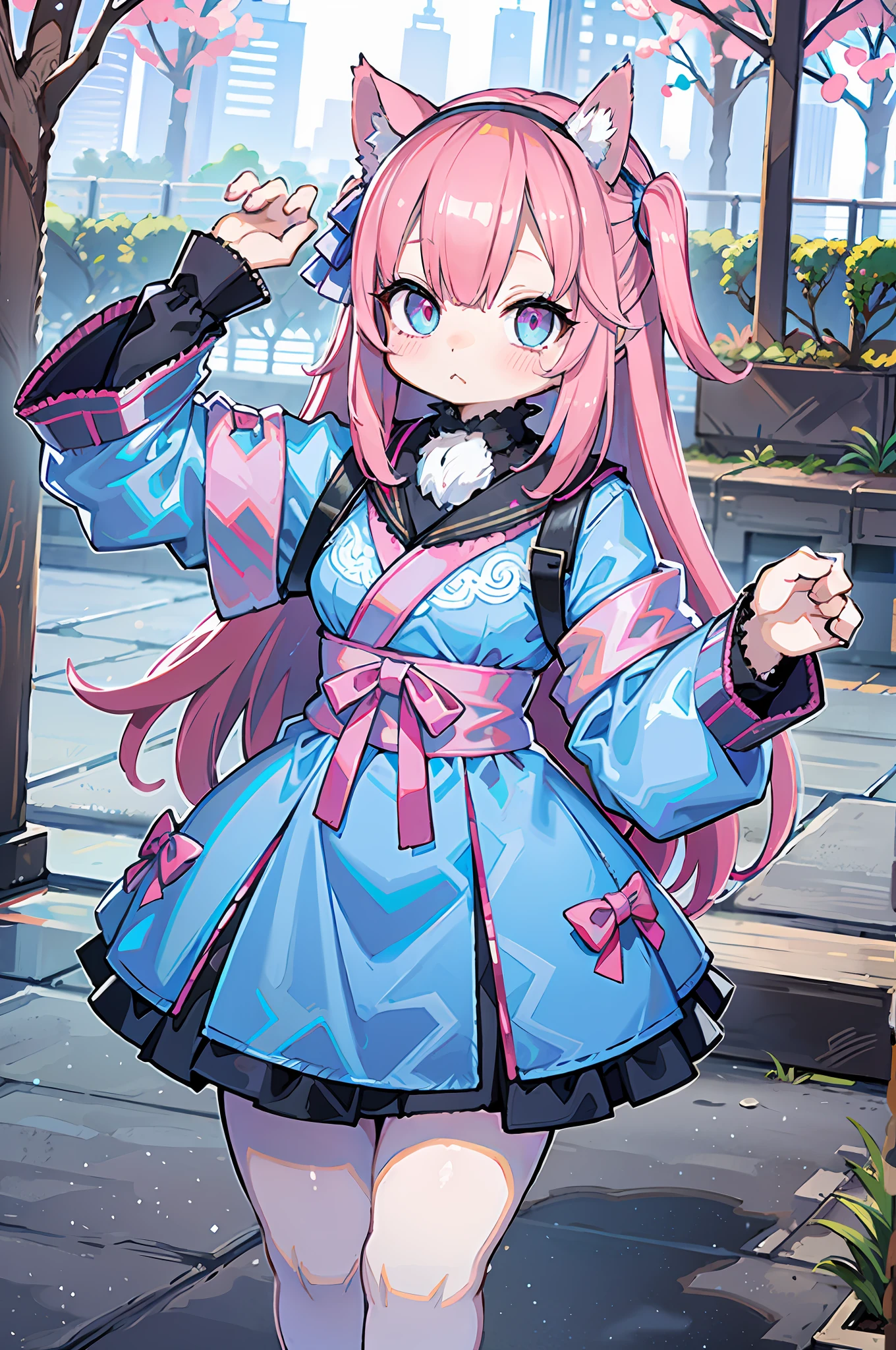 Anime cat in blue dress，Pink hair and cat ears, Splash art anime , pink twintail hair and cyan eyes, Anime moe art style, ((wearing aristocrat robe)), cute anime waifu in a nice dress, Official artwork, Marin Kitagawa fanart, anime visual of a cute girl, high detailed official artwork, small curvaceous loli