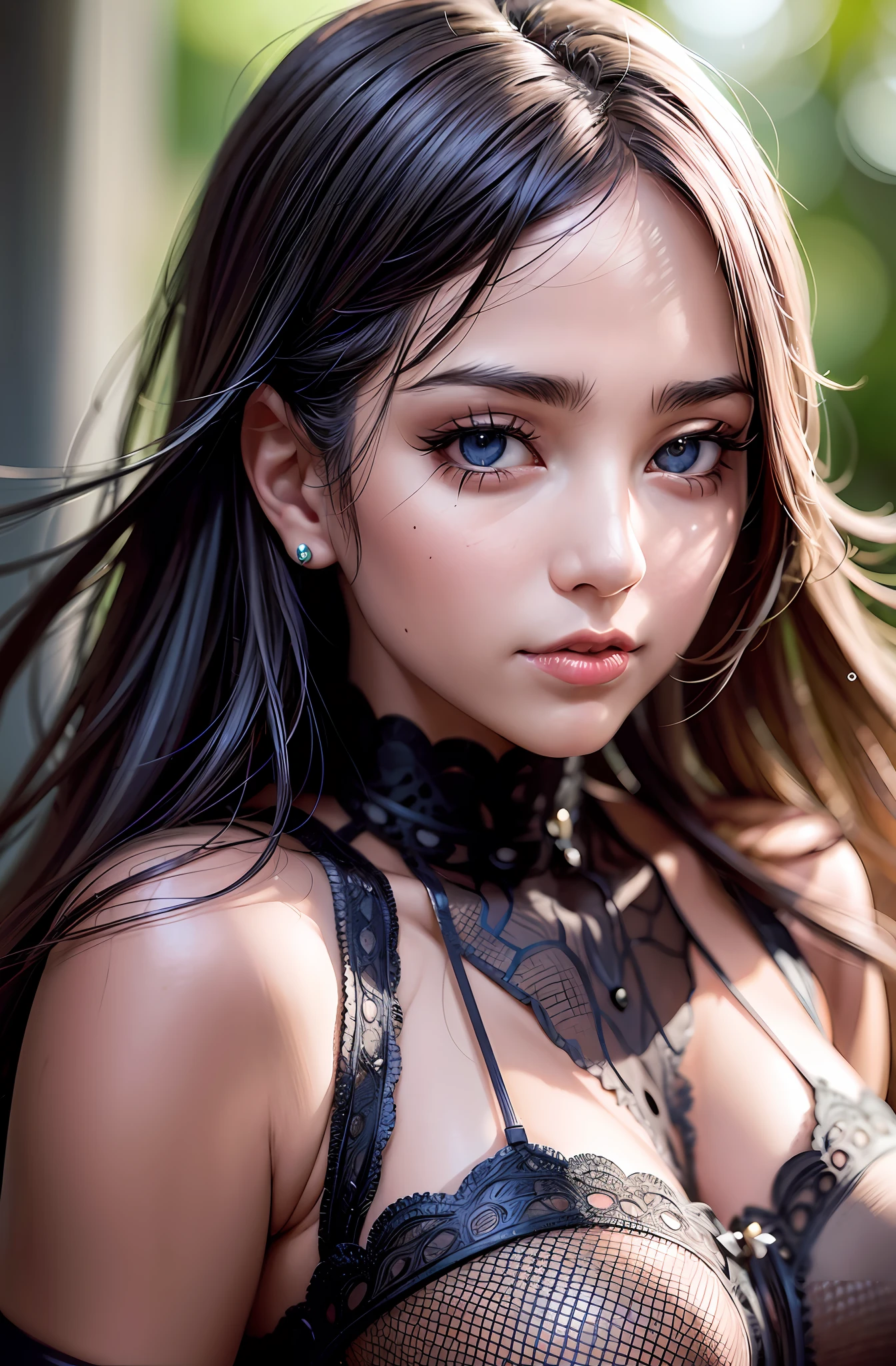araffed woman bare breasted and fishnets posing for a picture, stunning anime face portrait, soft portrait shot 8 k, with long hair and piercing eyes, girl cute-fine-face, wlop and ross tran, extremely beautiful face, 8k artgerm bokeh, photorealistic anime girl render, akihiko yoshida. unreal engine