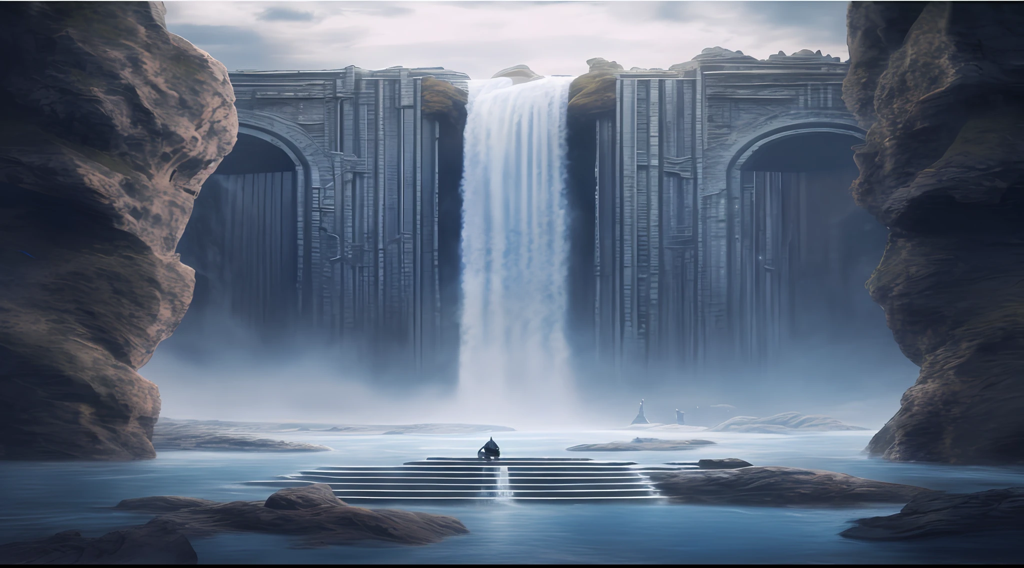 There was a man standing on a ledge in front of the waterfall, matte painting in fantasy style, jessica rossier fantasy art, Fauvist waterfall environment, 3 d render and matte painting, symmetric matte painting, 3d rendered matte painting, Symmetrical epic fantasy art, ancient monument waterfall, extravagant matte painting, epic dreamlike fantasy landscape, surreal matte painting