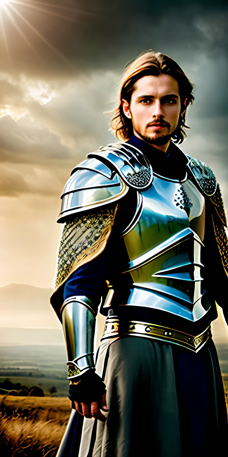 Modern Arthurian portrait，cinmatic lighting， depth of fields， Bokeh， photorealisti， Forcing Allah righteousness， hyper photorealism， professional photoshooting， hyper HD， digital SLR camera， hdr