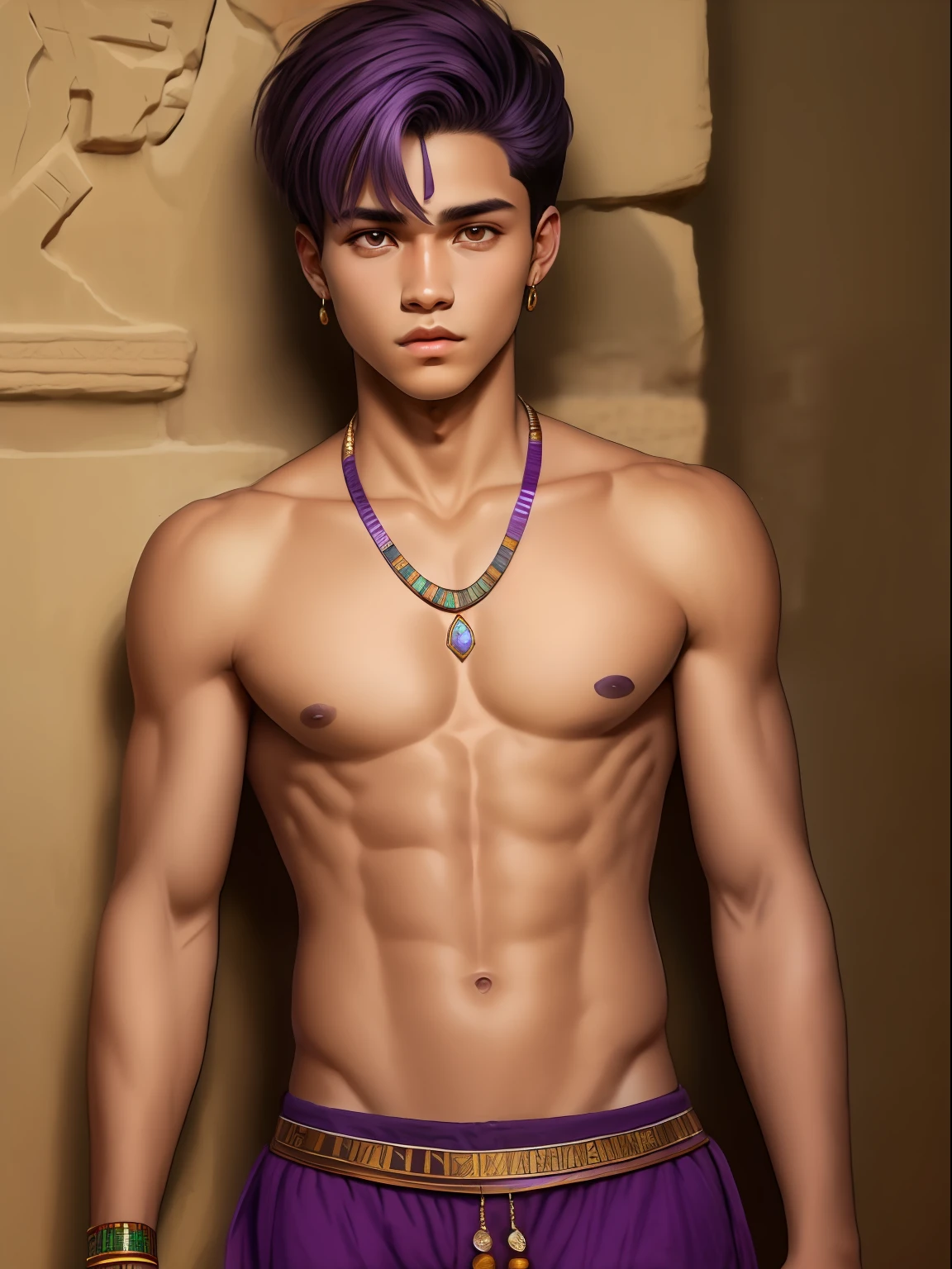 Ojos violetas masculinos masculinos definidos , mongrel violet hair ager short 15 years shirtless skin broced wears jewelry from ancient egypt clothes from ancient egypt egyptian palaces in the background