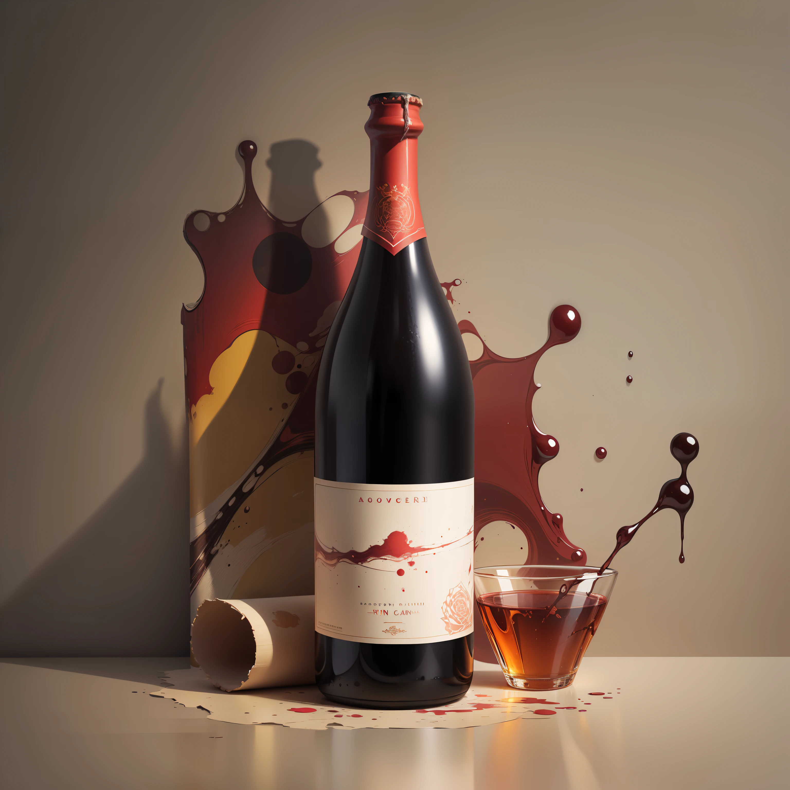 Poster background with soft texture of canvas as the base, the central presents a delicate painting wine, with abstract art design on the bottle. The poster create a full of artistic atmosphere.