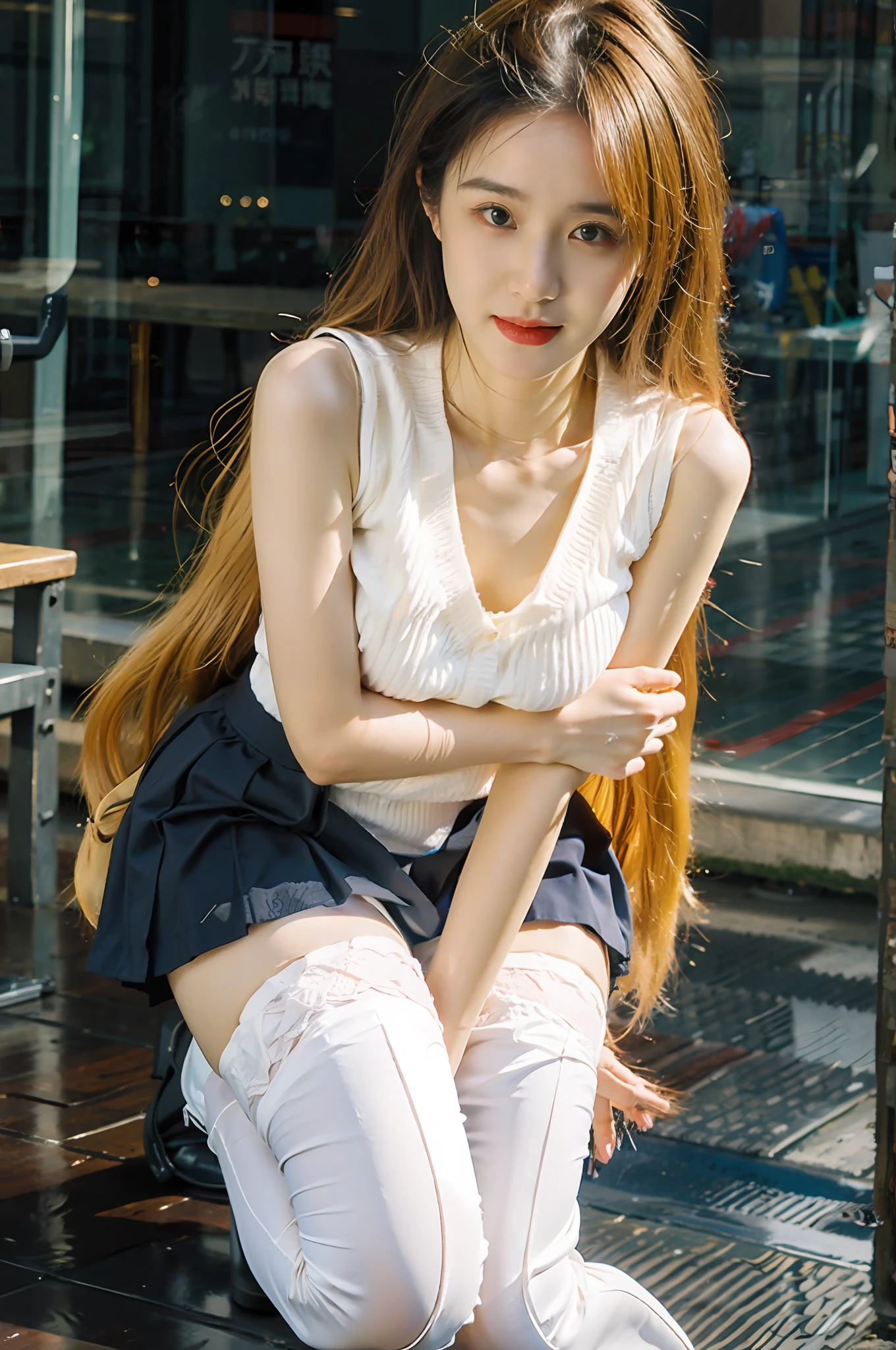 White over-the-knee stockings, best qualtiy,tmasterpiece,超高分辨率,(realisticlying:1.4),Teenage girl,Juvenile,Thin and light, 1个Giant Breast Girl,Kneel,Feeling cold,Clear suspender stockings,Leg straps,short skirt,(long white hair)