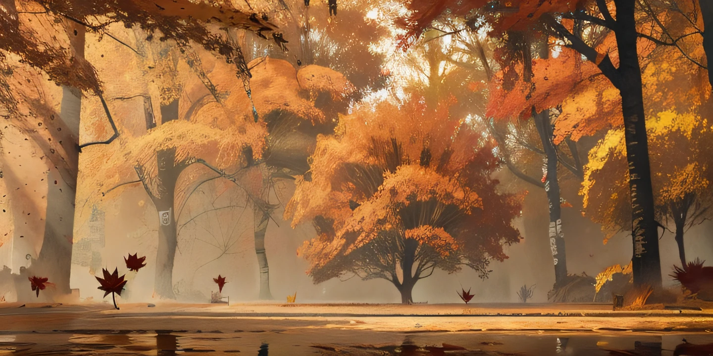 Autumn woods cartoon scene,There are yellow fallen leaves on the ground