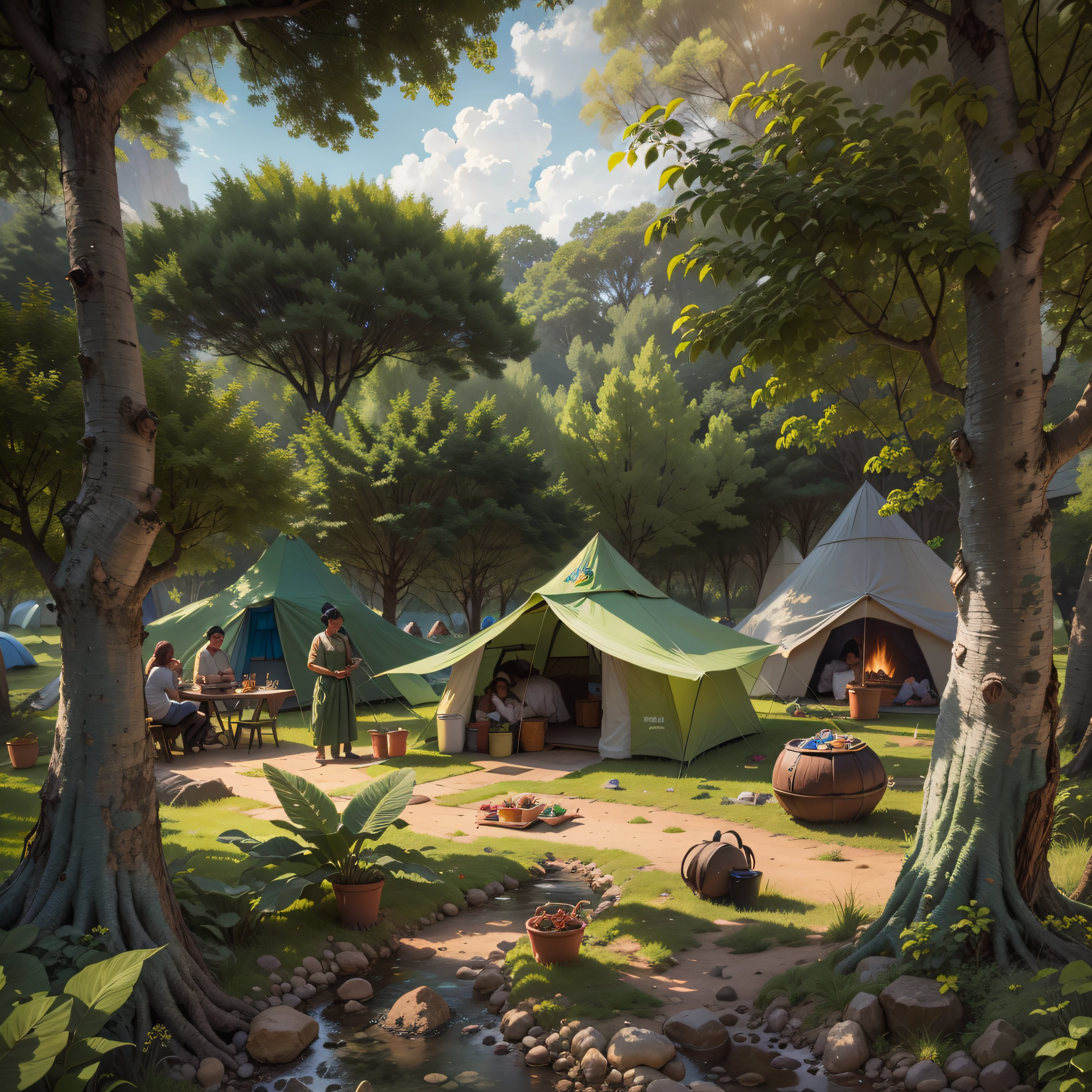 ((lifelike lighting, Melhor qualidade, 8K, Obra-prima: 1.3)), Foco claro: 1.2,Desenhe uma imagem ilustrativa de um acampamento hebreu na Terra Prometida. The scenery is serene and abundant, com colinas verdejantes, crystal clear streams and leafy trees. The sky is clear and blue, representando uma nova fase de paz e prosperidade. The camp consists of traditional tents and huts, organized in a circular formation or in rows. Women are gathered cooking on bonfires, while children play happily and men talk in groups. Algumas cabras e ovelhas pastam nas proximidades, indicating the practice of animal husbandry. No centro do acampamento, uma tenda maior destaca-se, symbolizing Moses' tent or a sacred site for religious gatherings. The flag or banner with the Hebrew symbol flutters in the wind, representing the unity and identity of the people. From a distance, pode-se ver as colheitas crescendo e os pomares florescendo, sinalizando a prosperidade na Terra Prometida