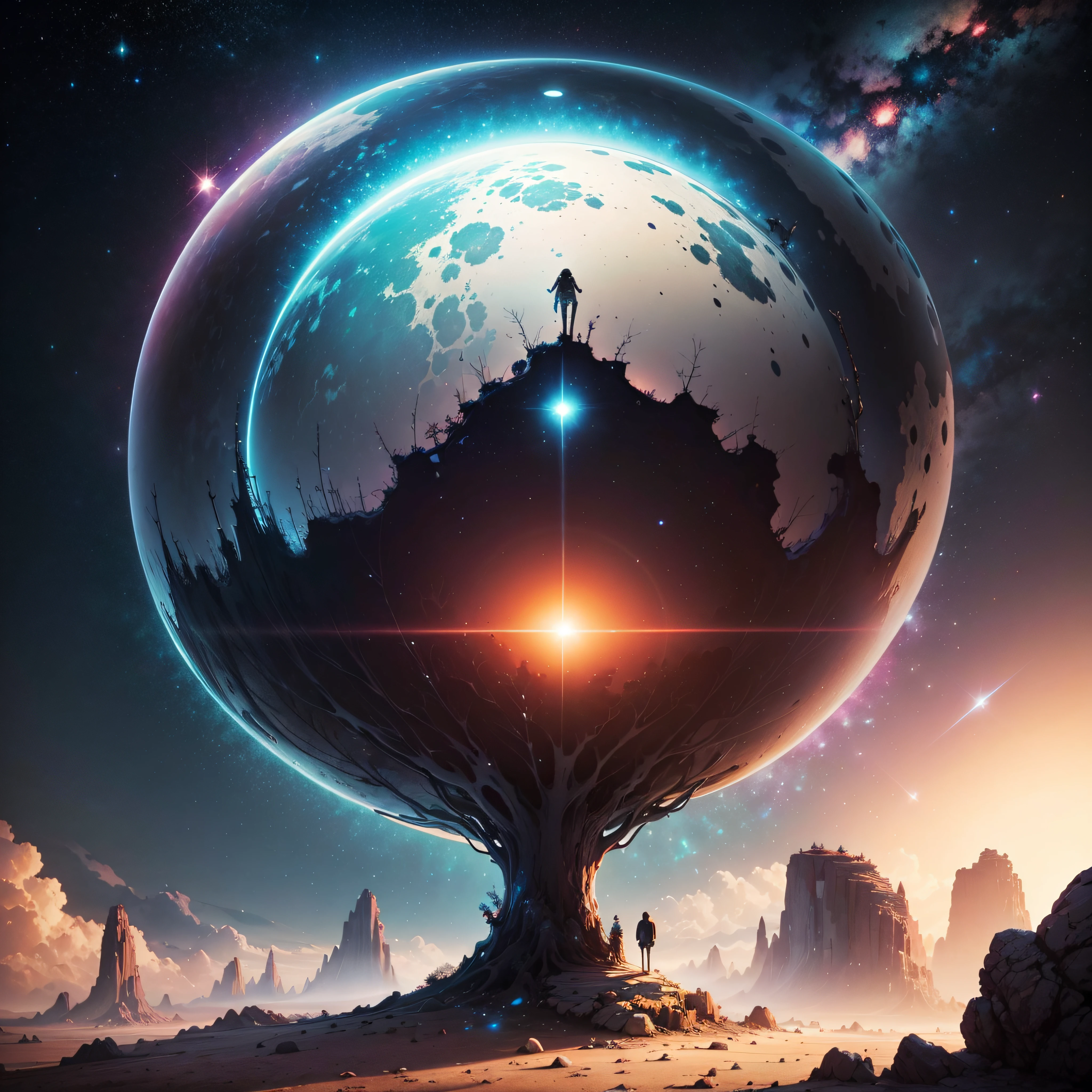 a close up of a person standing on a rock in the middle of a galaxy, inspired by Cyril Rolando, beeple artwork, beeple art, in style of cyril rolando, beeple masterpiece, beeple colors, artgem and beeple masterpiece, beautiful art uhd 4 k, by Mike "Beeple" Winkelmann