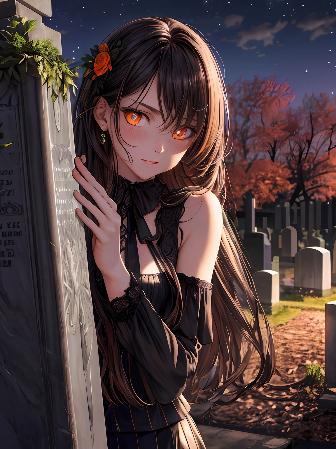 Masterpiece, Best quality, Detailed, side-lighting,
3D face, Realistic, Glossy glossy skin,
1girll, Solo, Upper body, Outdoors, graveyard, grave stones, tree, (Night:1.4),
Long hair,
Orange eyes, eyes reflection, Bright pupils, Beautiful detailed eyes, full blush, Lick lip,
Small breasts, Small areolas, Long ,
steams, Steamed body, rough breath,
peeking out upper body, hutaodef,Lace，4 fingers