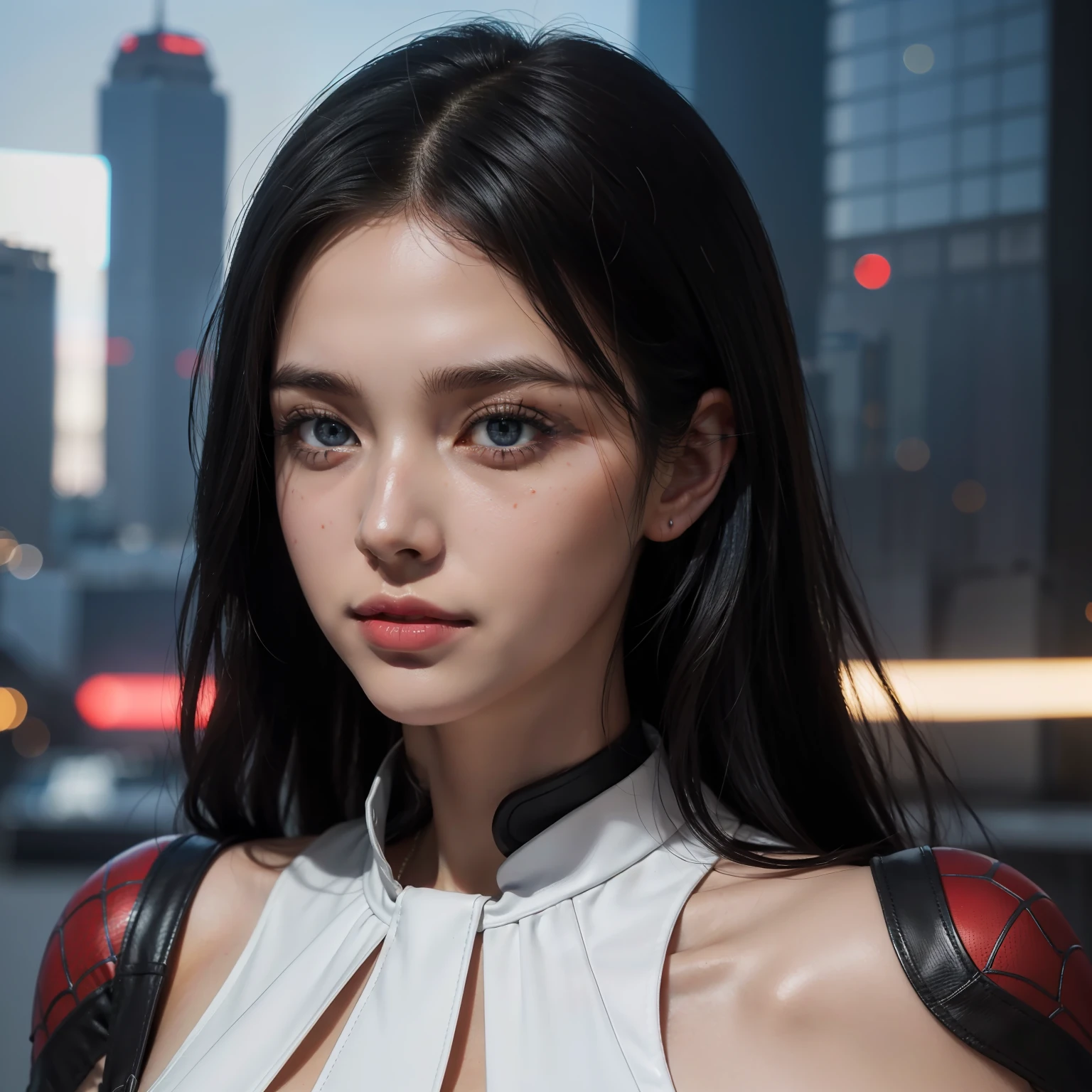 (1girl:1.3), Solo, (((Very detailed face)))), ((Very detailed eyes and face)))), Beautiful detail eyes, Body parts__, Official art, 8k unified wallpaper, Super detailed, beautiful and beautiful, beautiful, masterpiece, best quality, original, masterpiece, super thin photo, best quality, super high resolution, realistic realism, sunlight, full body portrait, amazing beauty, dynamic pose, delicate face, vibrant eyes, (from the front), She wears Spider-Man suit, red and black color scheme, spider, very detailed city roof background, roof, with city view, detailed face, detailed complex busy background, messy, gorgeous, milky white, highly detailed skin, realistic skin details, visible pores, clear focus, volumetric mist, 8k uhd, DSLR, high quality, film grain, light skin, photographic realism, lomography, futuristic dystopian megalopolis, translucent