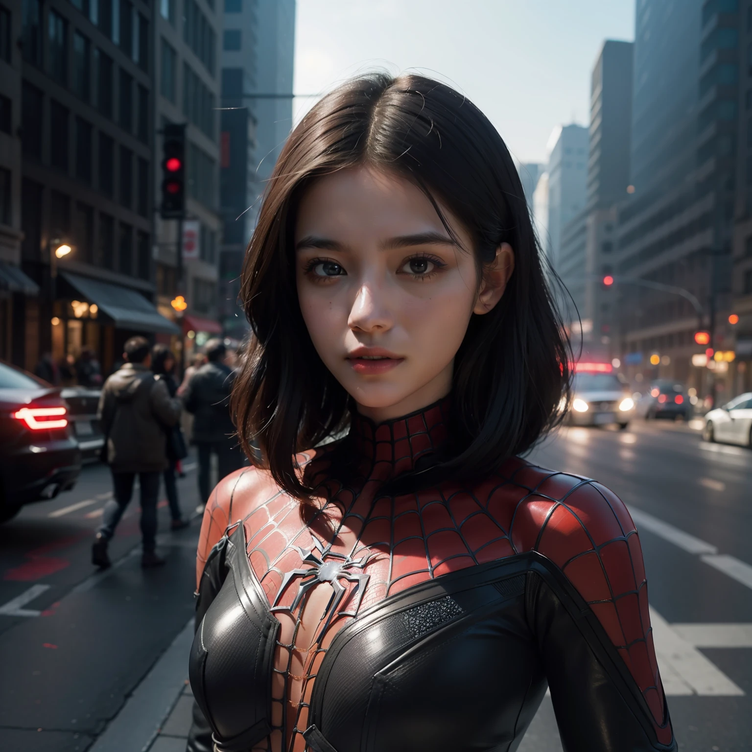 (1girl:1.3), Solo, (((Very detailed face)))), ((Very detailed eyes and face)))), Beautiful detail eyes, Body parts__, Official art, 8k unified wallpaper, Super detailed, beautiful and beautiful, beautiful, masterpiece, best quality, original, masterpiece, super thin photo, best quality, super high resolution, realistic realism, sunlight, full body portrait, amazing beauty, dynamic pose, delicate face, vibrant eyes, (from the front), She wears Spider-Man suit, red and black color scheme, spider, very detailed city roof background, roof, with city view, detailed face, detailed complex busy background, messy, gorgeous, milky white, highly detailed skin, realistic skin details, visible pores, clear focus, volumetric mist, 8k uhd, DSLR, high quality, film grain, light skin, photographic realism, lomography, futuristic dystopian megalopolis, translucent