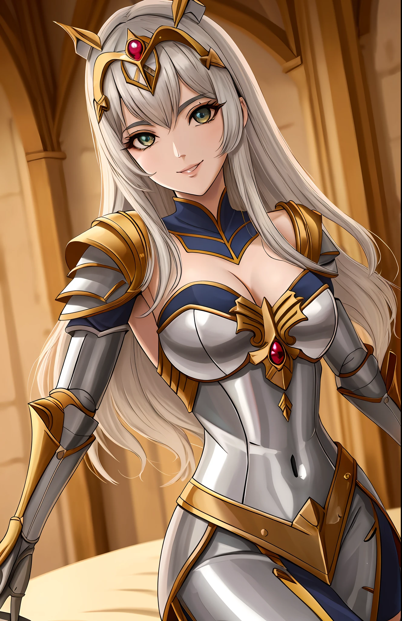 mulher 25 anos, anime, garota solo cabelo loiro, armadura medieval da realeza, armadura com decote ((peitos medios)), detalhes dourados, Uplighting, 8k, Anime traits, altamente detalhado ((muitos detalhes)) olhos detalhados alaranjados, peitos grandes, armadura de ouro, sexy, sensual, rosto atraente, sorriso sensual, olhar sensual
