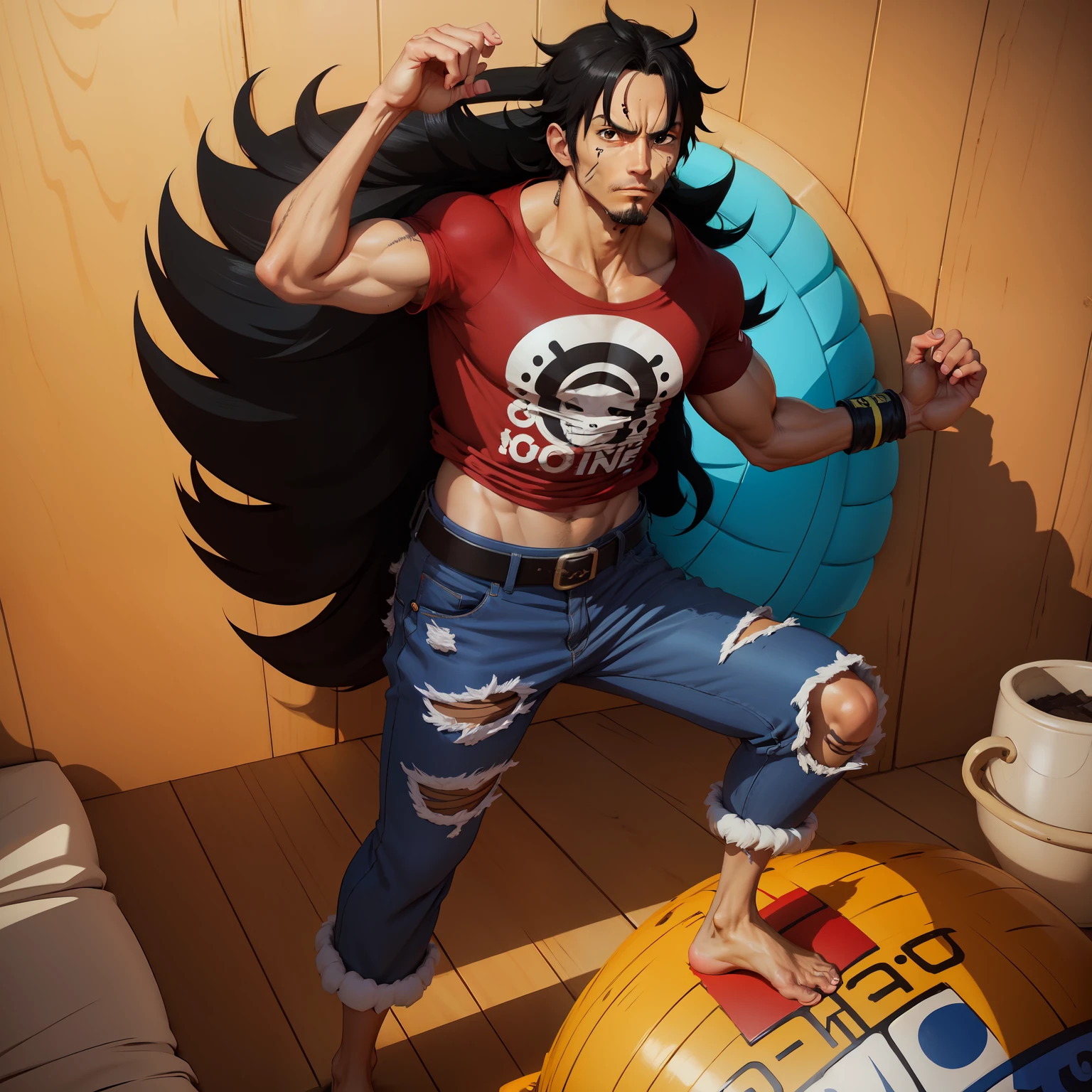 \(One_Piece\), sketchfab, Estilo de arte de anime, estilo de arte de Eiichiro Oda, sozinho, sozinho, 1st grade, 1menino, 1homem, olhos castanhos claros, cabelo longo grande, roupa completa, t-shirt G, long jeans, logpose, botas pretas, cabelo negro, sorrir, atletic_Corpo, pele parda, scars on the arms, cabelo volumoso longo, cabelo arrepiado, Luvas, cinto, olhos relaxados, body to the waist, (boa qualidade), (bem detalhado),