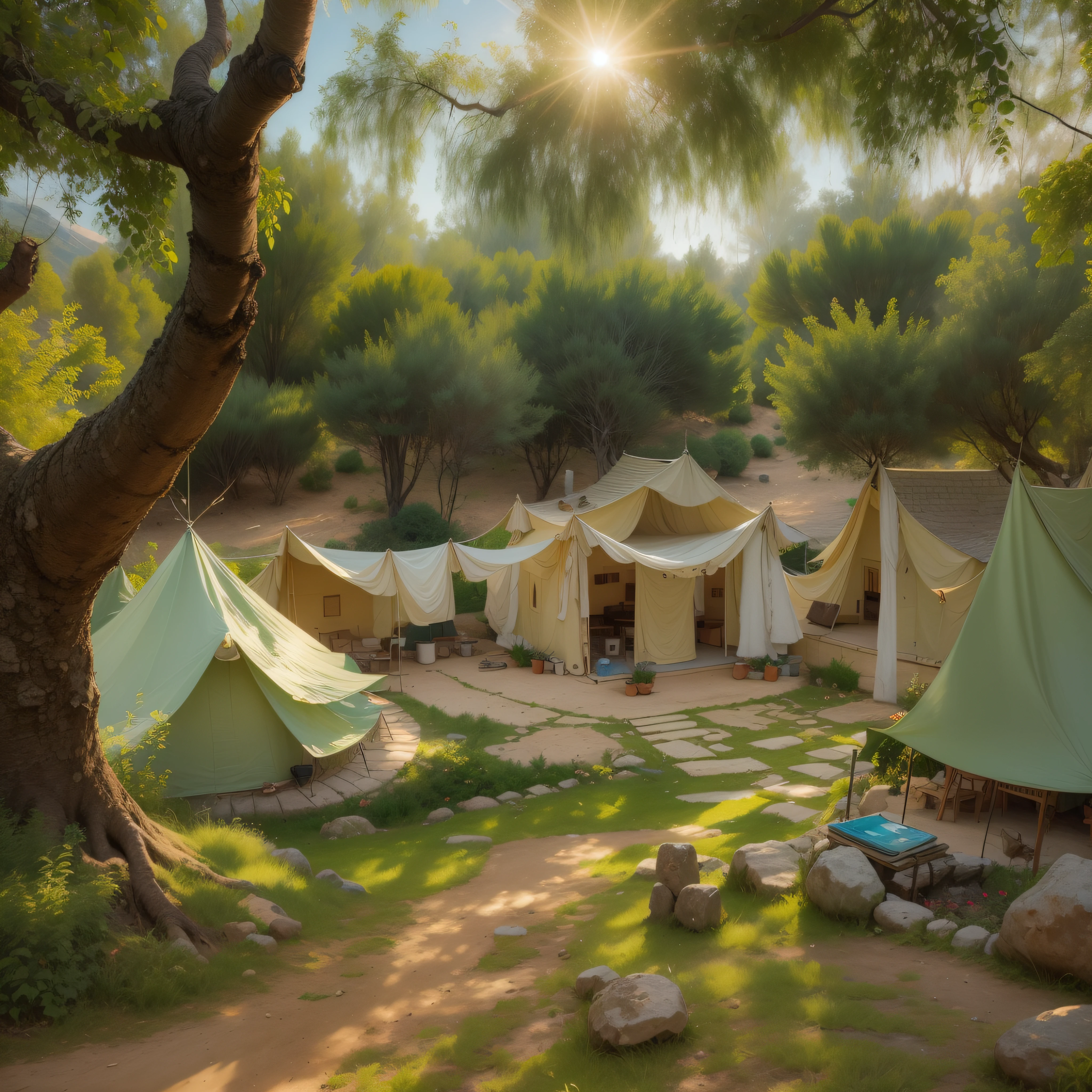 (Hebrew Camp in the Promised Land - Serene and Prosperous Setting, colinas verdejantes, Peaceful union, tendas e cabanas bem arrumadas)