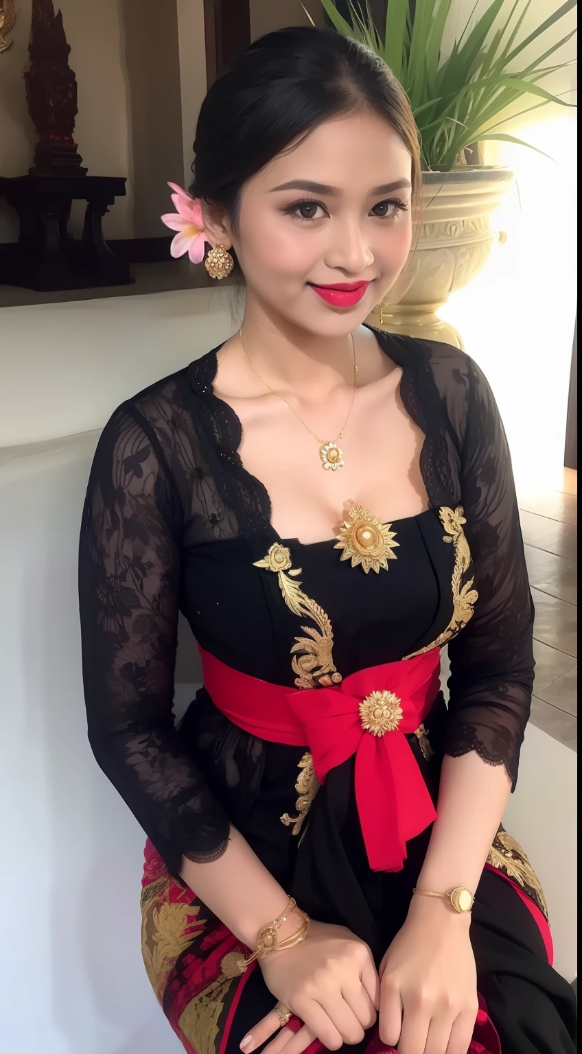 photography, woman, portrait of woman wearing kebaya_bali in black long kebaya dress traditional, red lipstick, golden necklace, earrings, ornate, detail, flowers, blurry background, soft focus