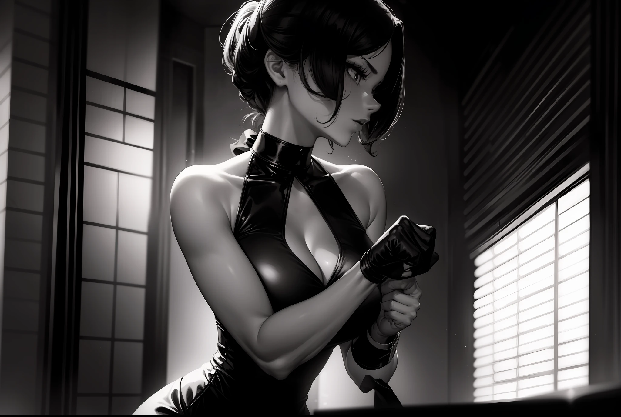 upper body portrait, monochrome, black and white, Film noir screen cap ,(8K), (large masterpiece photograph), stunning femme fatale in stylish 1940s dress Chicago nighclub, seductive, beautiful, closed fists
