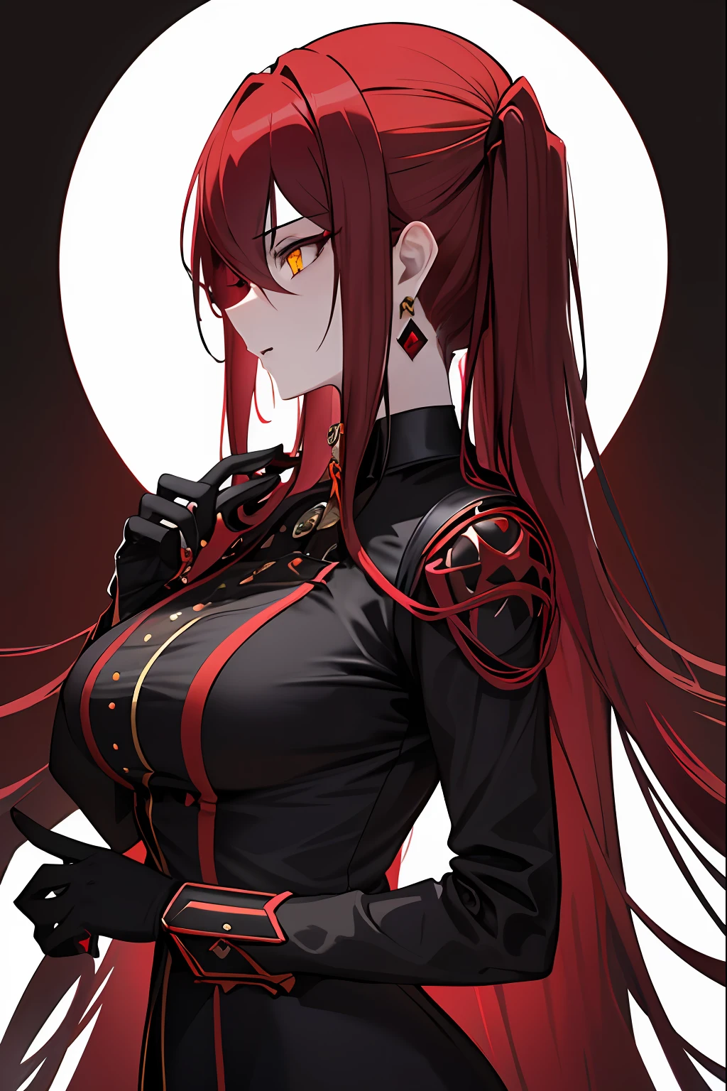 masterpiece, best quality, 1girl, long hair, big bust, very long red hair, yellow eyes, two low ponytails , black dress, jewels, ruby earrings, good anatomy, red gloves, boots, heels, evil, emotionless, intimidant, bloody, detailed eyes, dark background, close up, ((detailed eyes)), beautiful eyes, hair bang, profile