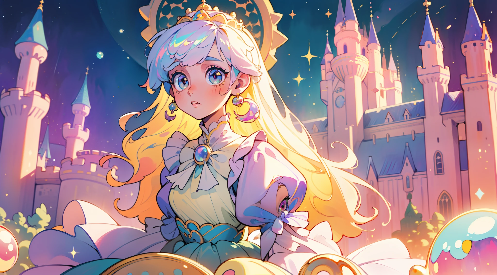 masterpiece, best quality, 8k resolution, sharp focus, intricate detail, beautiful girl, sparkling eyes, golden ratio face, otherworldly liquid, watercolor, pastel colors, bright colors, whimsical, colorful, sharp focus, high resolution, fine detail, princess ballgown, ((round eyes)), iridescent bubbles, ((castle in background))