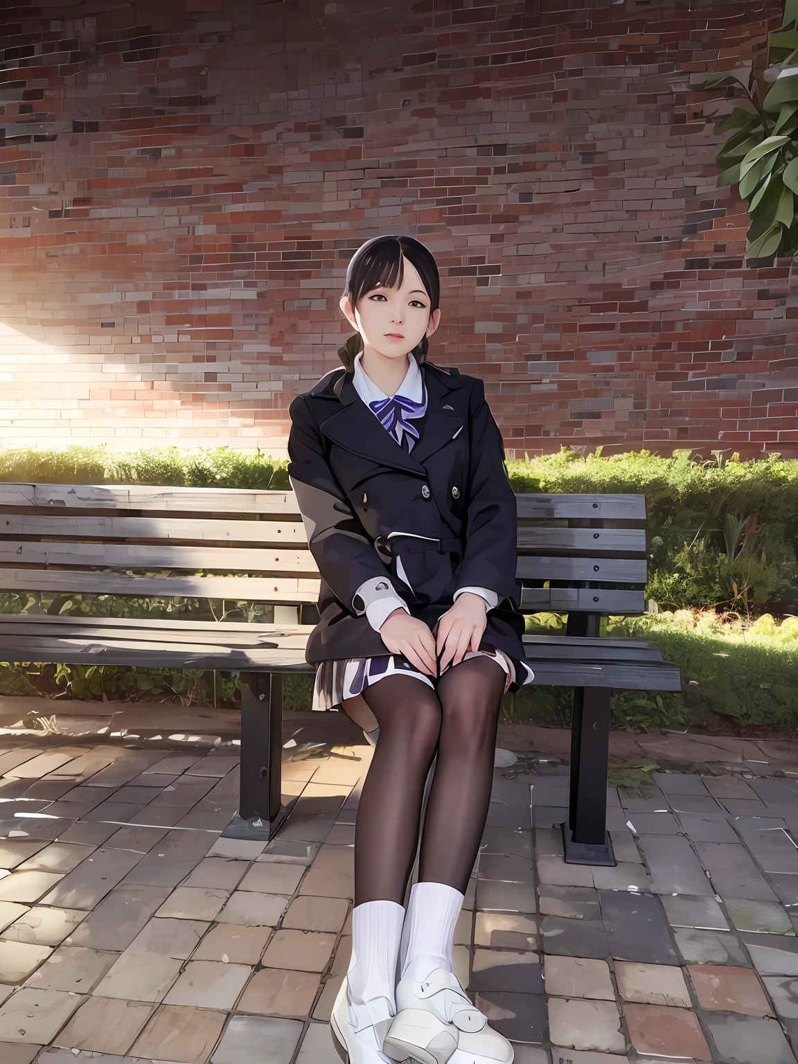 there is a woman sitting on a bench in a park, Wear a miniskirt, loose coat collar sailor uniform, ulzzangs, short skirt and a long jacket, japanese girl school uniform, 19-year-old girl,, with black pigtails, Wearing boots，wearing silk stockings