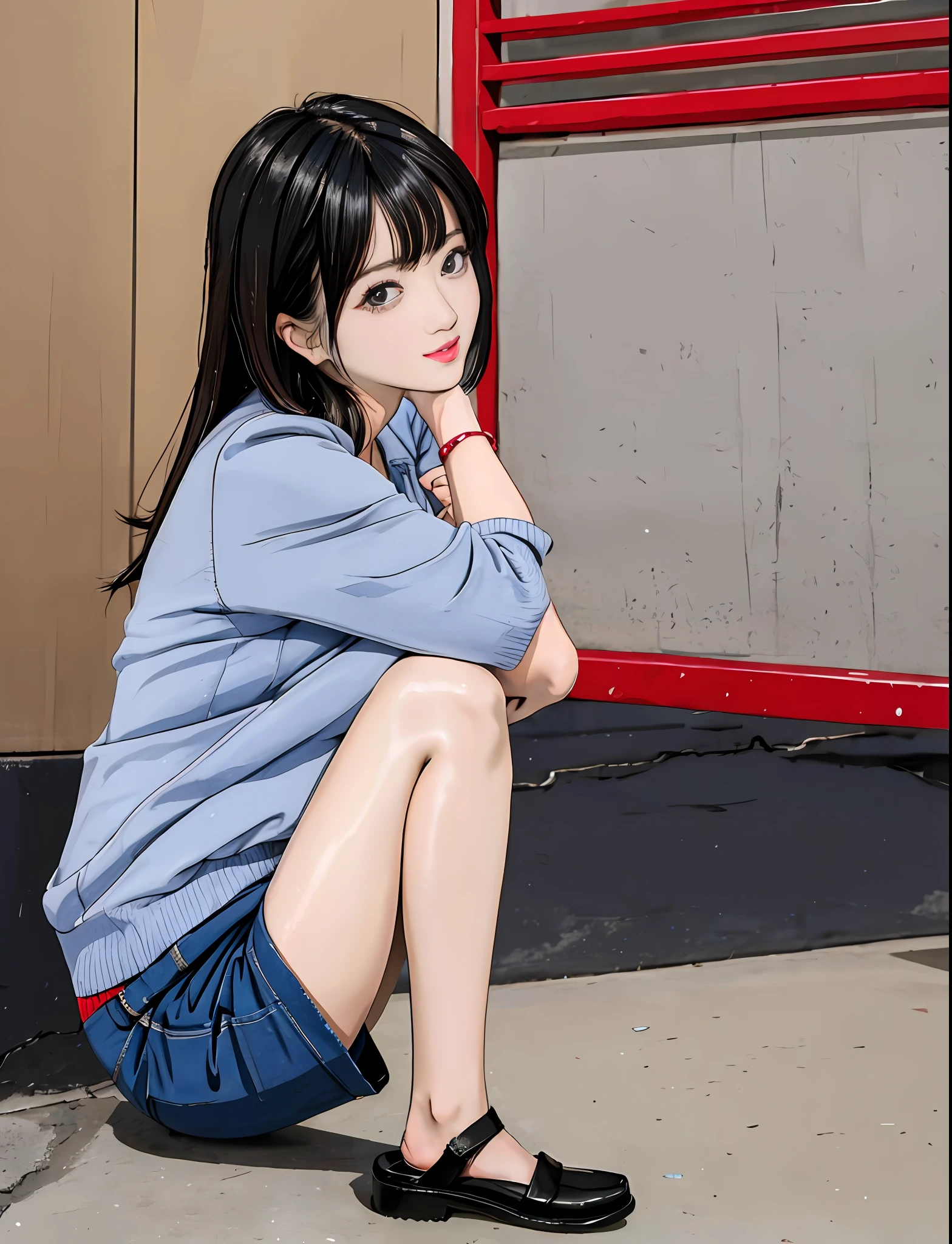 Best Quality, masutepiece,  Narrow-eyed, Medium shot portrait of asian woman in cardigan and shorts, frontage, Asian Squat, Low camera angle