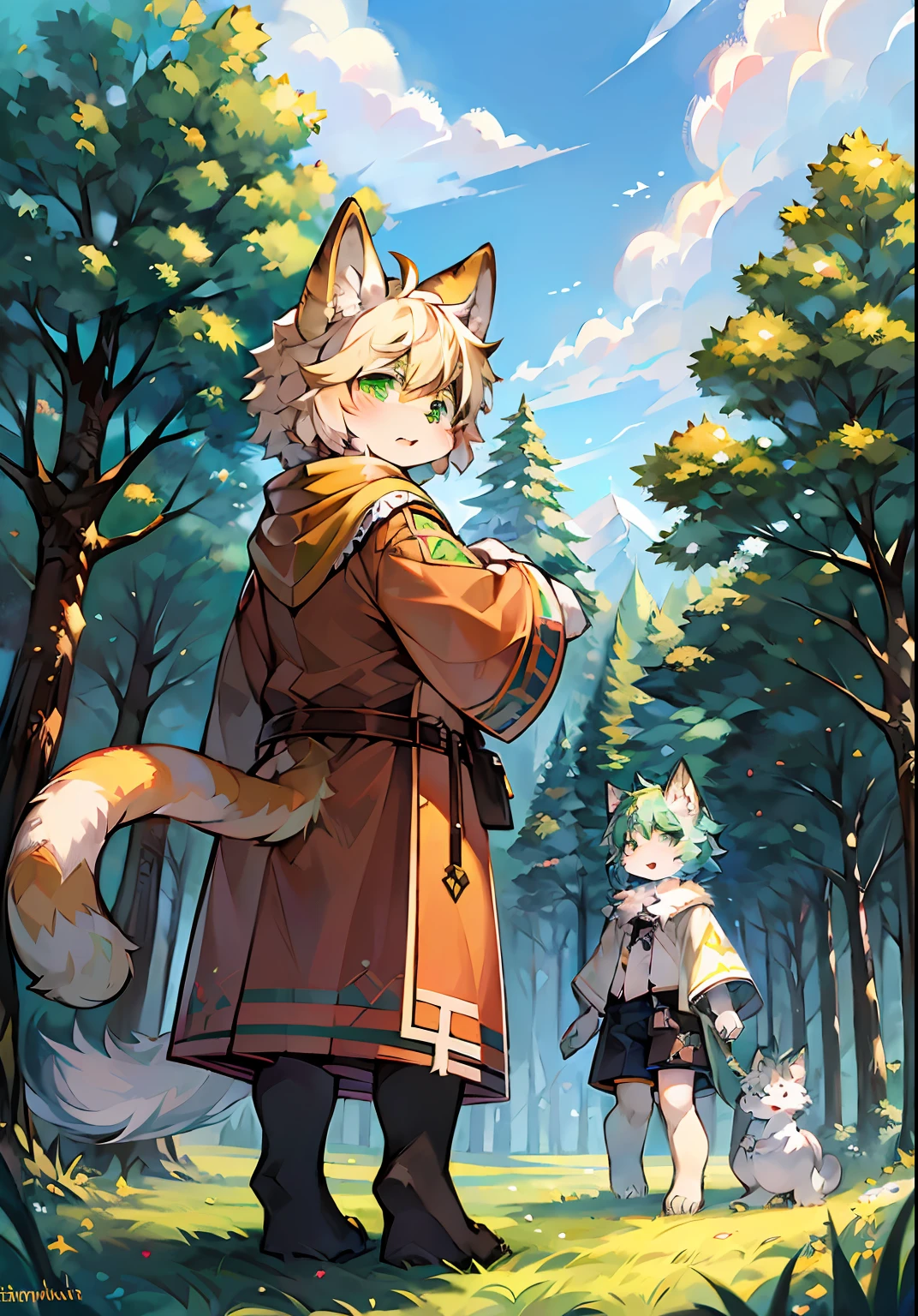 Masterpiece,High quality,abstract res,Digital painting\(artwork of a\), author:BrukkiGunar, Yupa,Kiyosan,(anthro,Fluffy fur,Character focus:1.1),anthro male cat,Portrait , eyes with brightness, in a panoramic view, Character focus.(detailedbackground:0.7), 独奏, shaggy, shaggy male, ,malefocus, Robust,Strong anthrax(Full Body Furry, It has a fluffy tail,With a green pattern, White fur, Dark green eyes), (Long felines、moth、White feathers、Dark green ears、Beige tail、Light green smoky pattern、Beige hair、seminude、Manteau:1.2),(External、In the daytime、Dense grass、Low tree、clear skies、grassy fields)