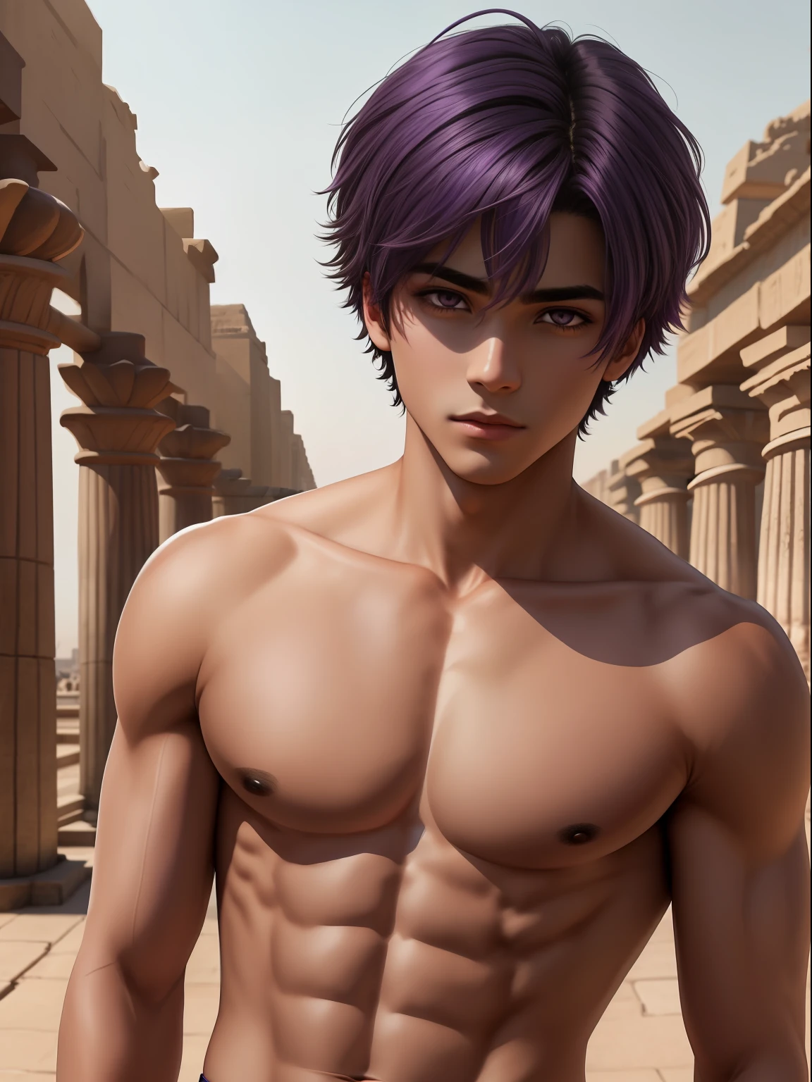 Ojos violetas masculinos masculinos definidos , mongrel violet hair teenager 15 years shirtless skin broced clothes of ancient Egypt egyptian palaces in the background