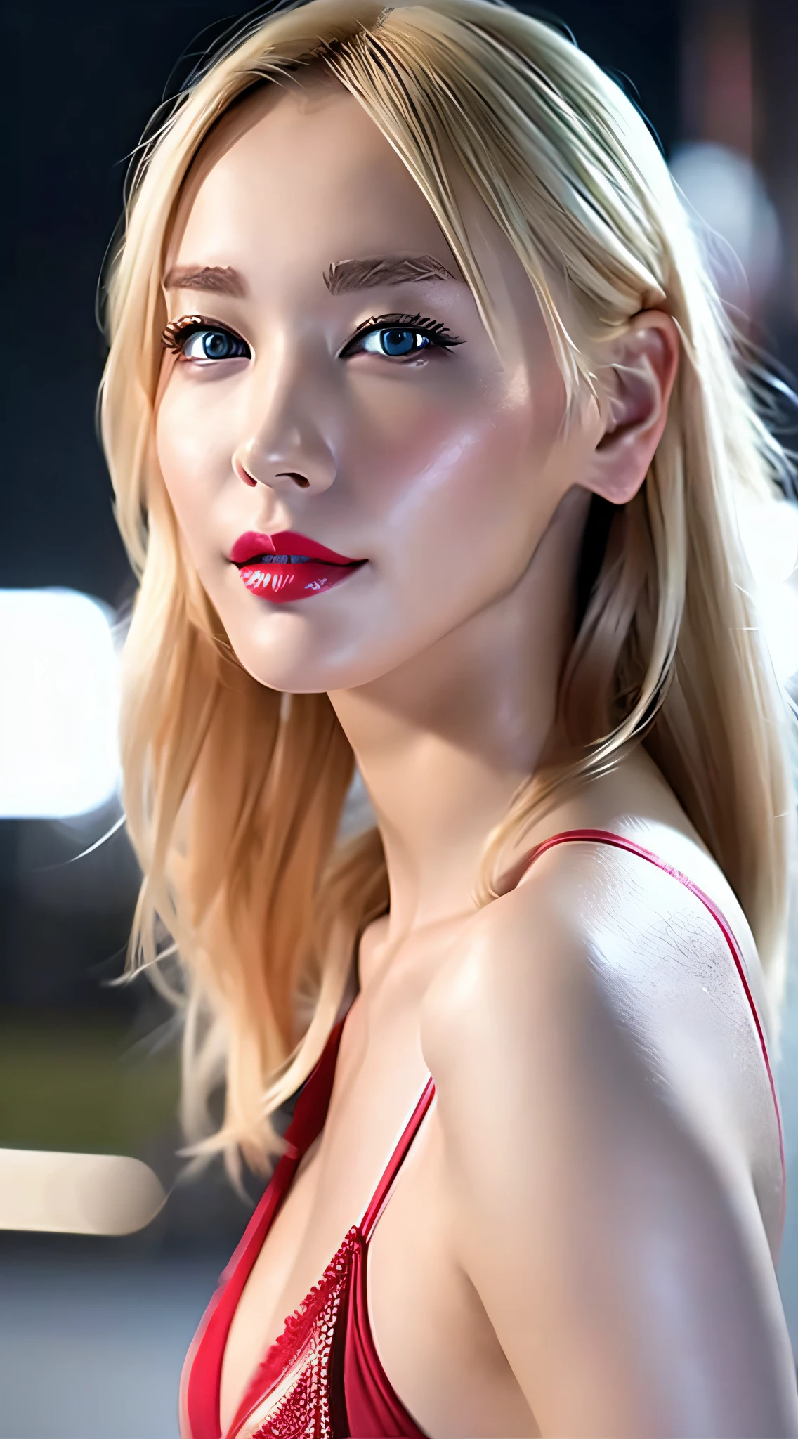 ((blonde)), ((blonde)), girl, blue eyes, red lip, night street, face lighting, bright backlighting, ultra high resolution, best quality, photo, 4k, (photorealistic: 1.2), bikini