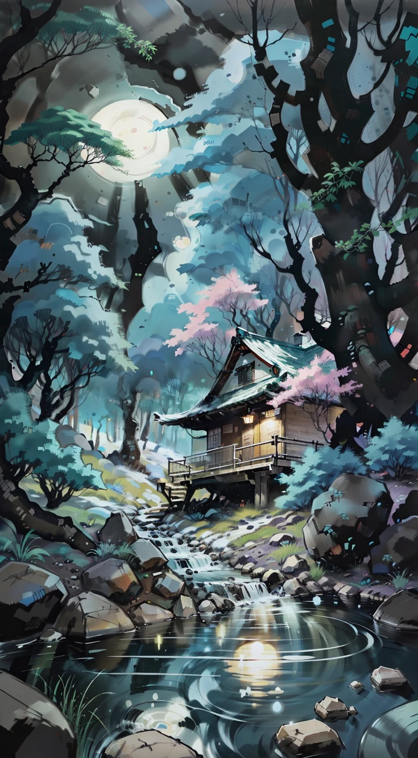 Photo of Akatsuki Matsuma,Upstream clear spring stone。(don)Wang Wei: Chinese landscape painting,In the foreground is a lush pine tree,A bright moon appeared in the crevices in the canopy,Under the trees is a clear stream,Flow between boulders,nighttime scene,cartoonish style
